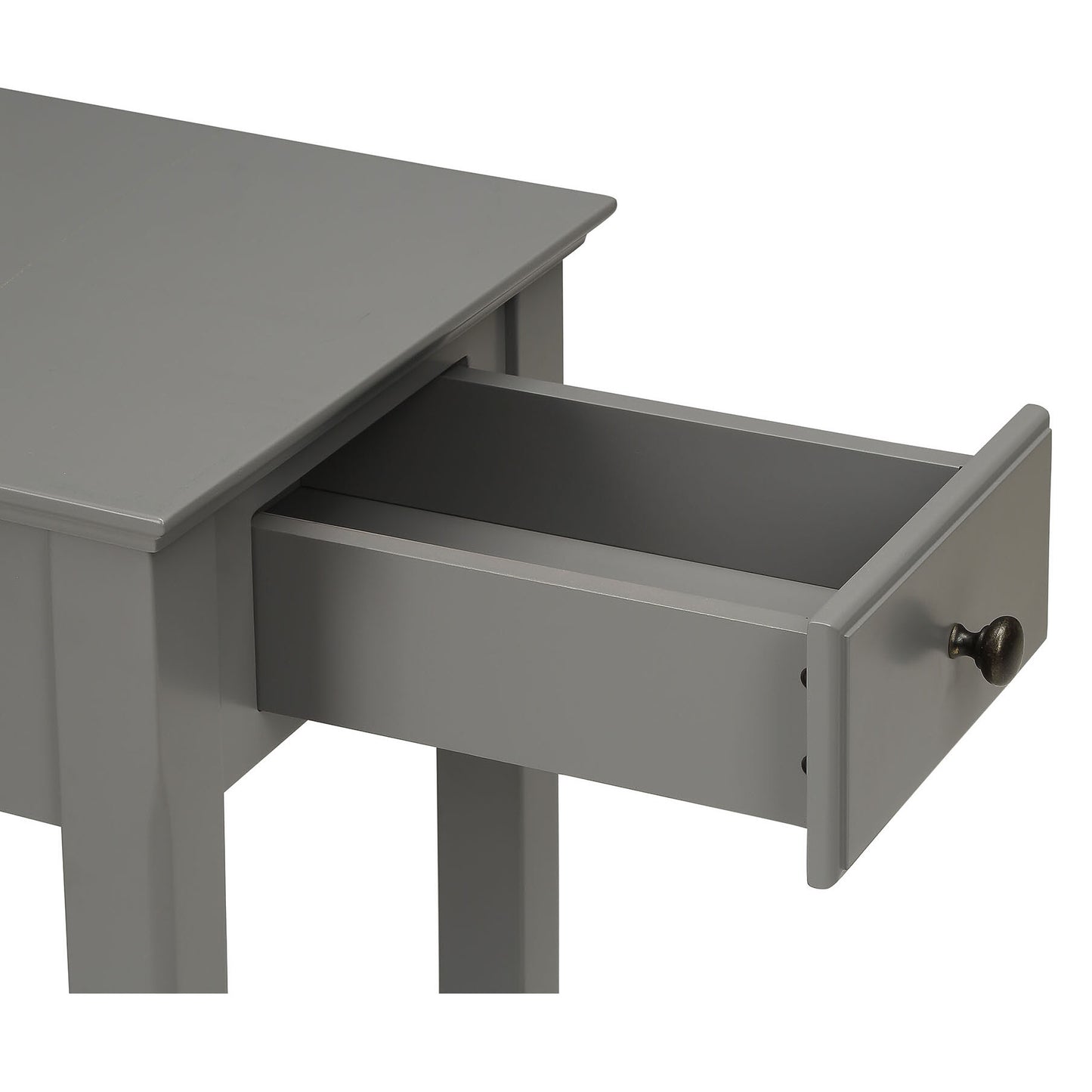 Grey wooden console table with open drawer and antique brass knob