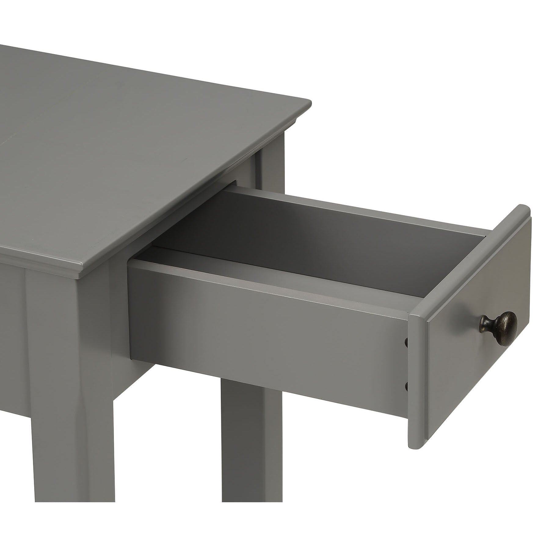 Grey wooden console table with open drawer and antique brass knob