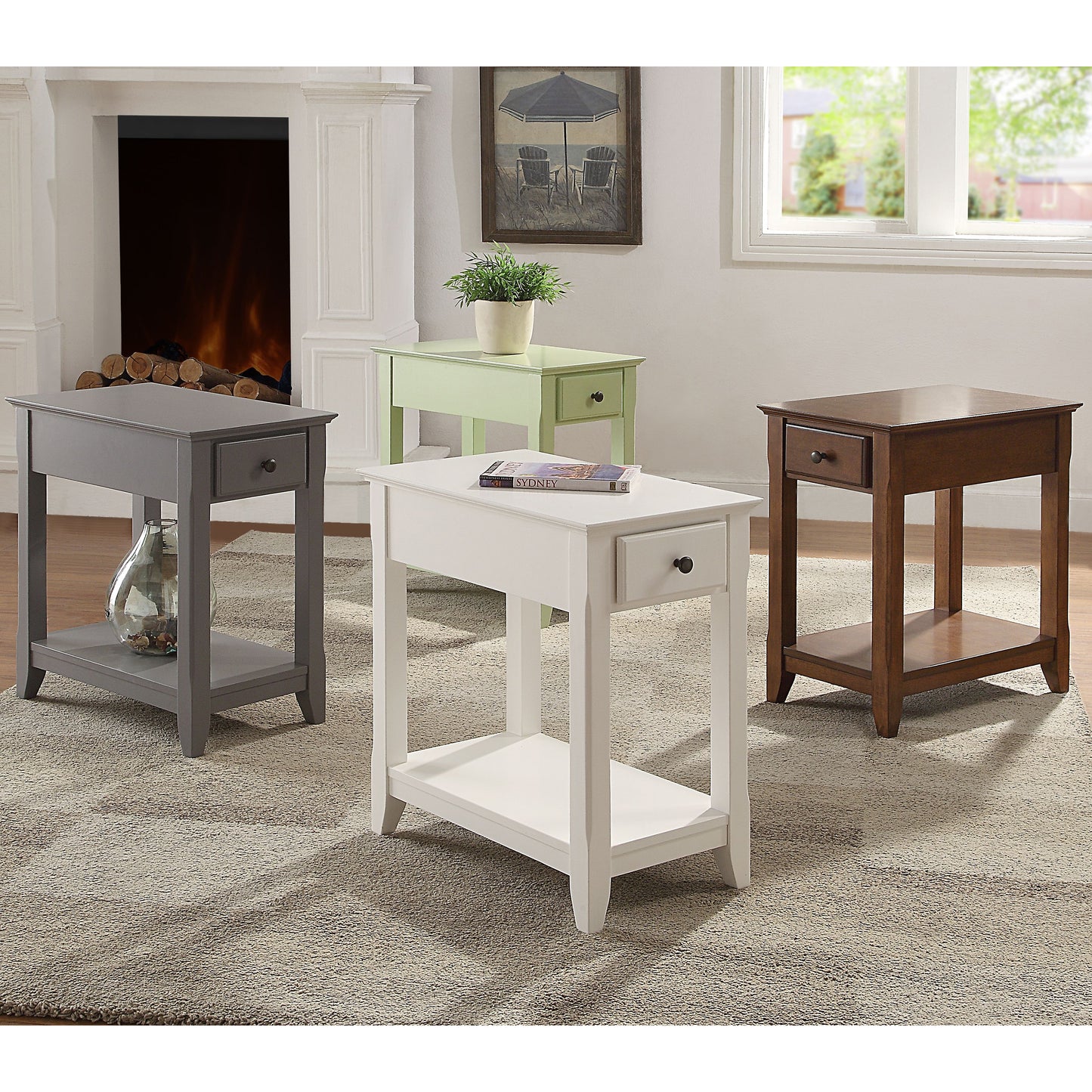 White wooden accent table with a drawer and lower shelf perfect for small living spaces