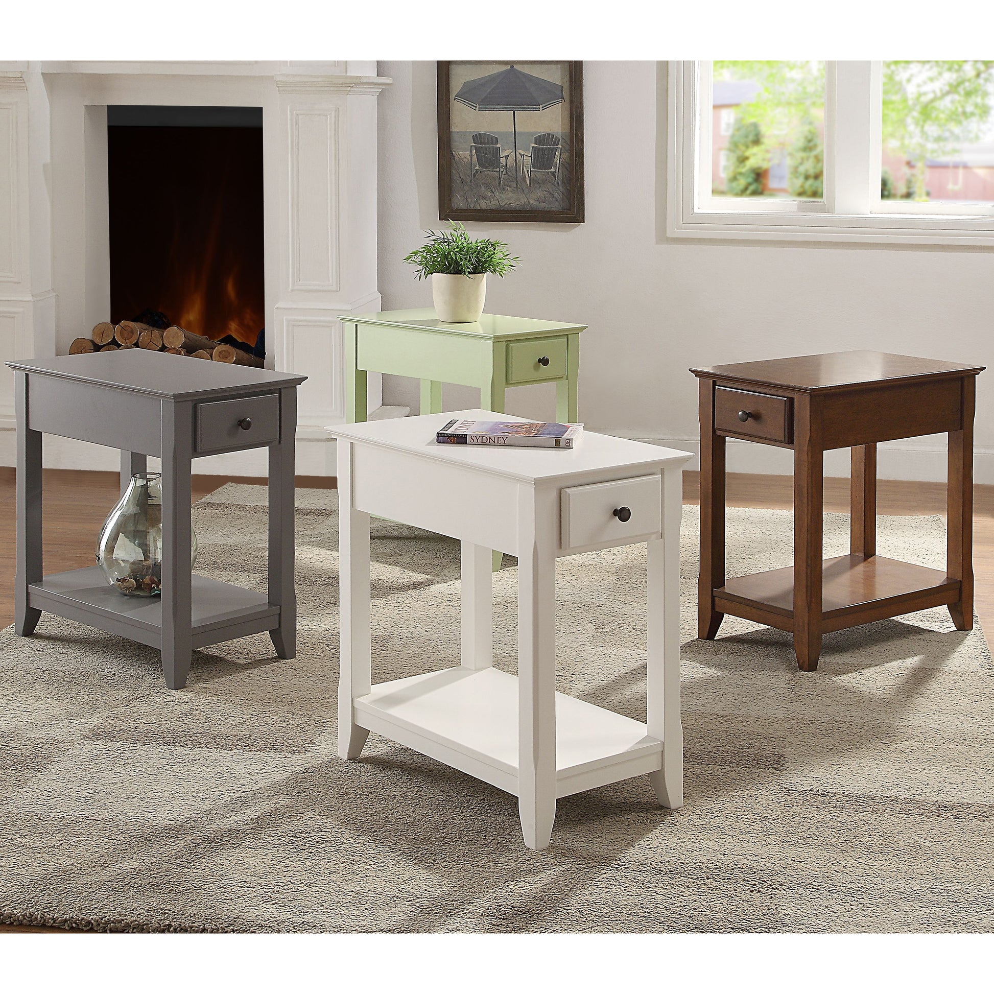 White wooden accent table with a drawer and lower shelf perfect for small living spaces