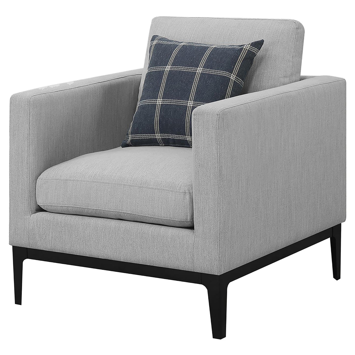 Grey fabric armchair with dark modern legs and a plaid accent pillow