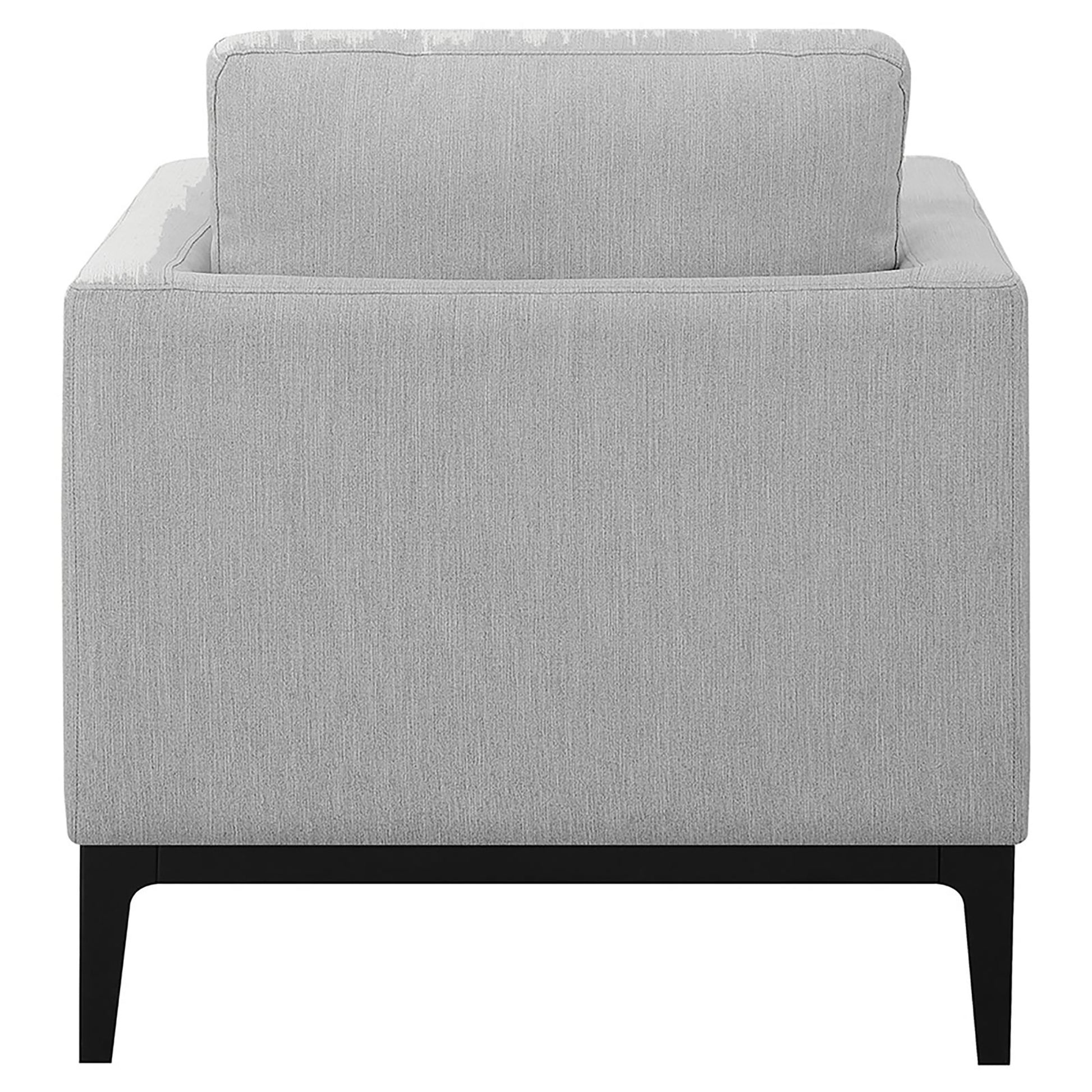 Modern grey fabric armchair with black legs ideal for living rooms