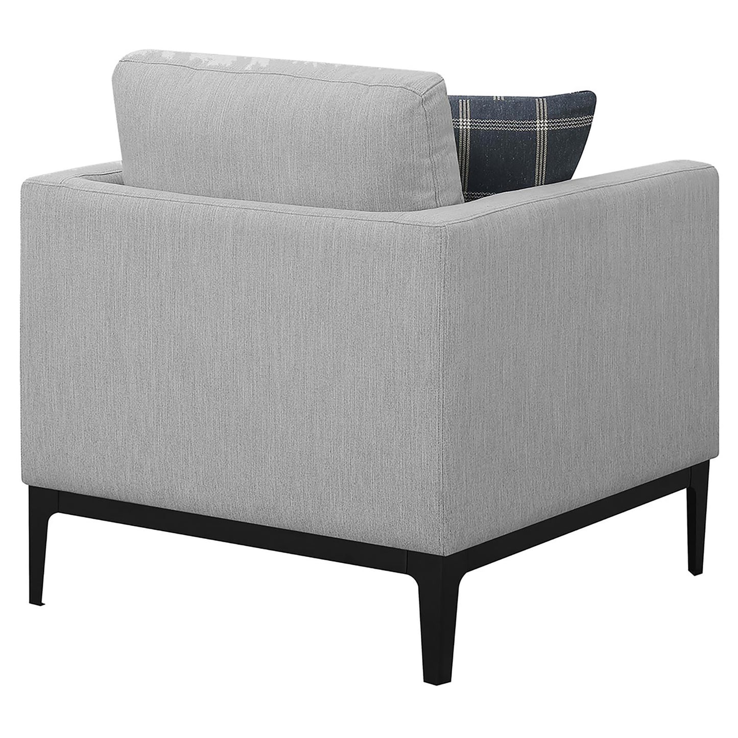 Modern grey armchair with textured fabric and dark wood legs