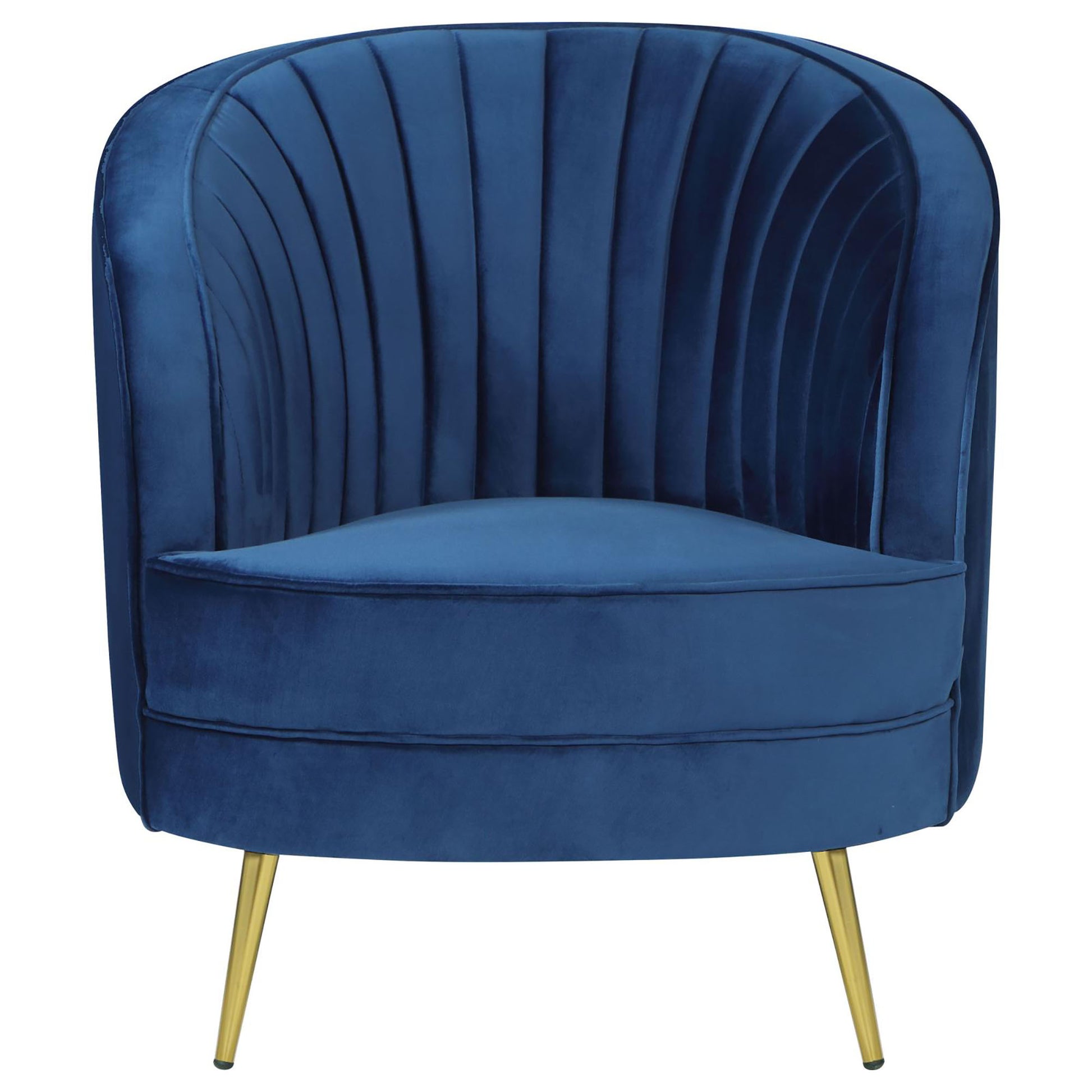 Navy blue velvet accent chair with channel tufting and gold legs