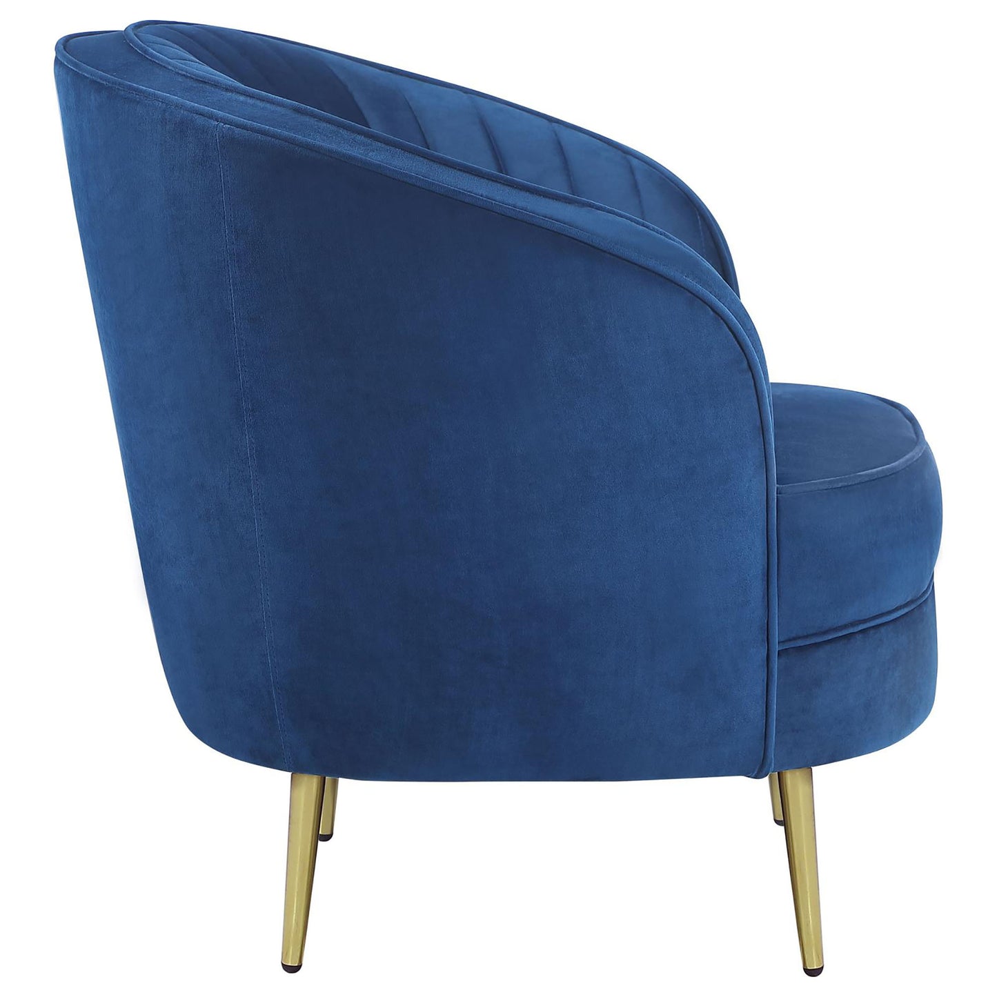 Navy blue velvet accent chair with tufted back and gold legs