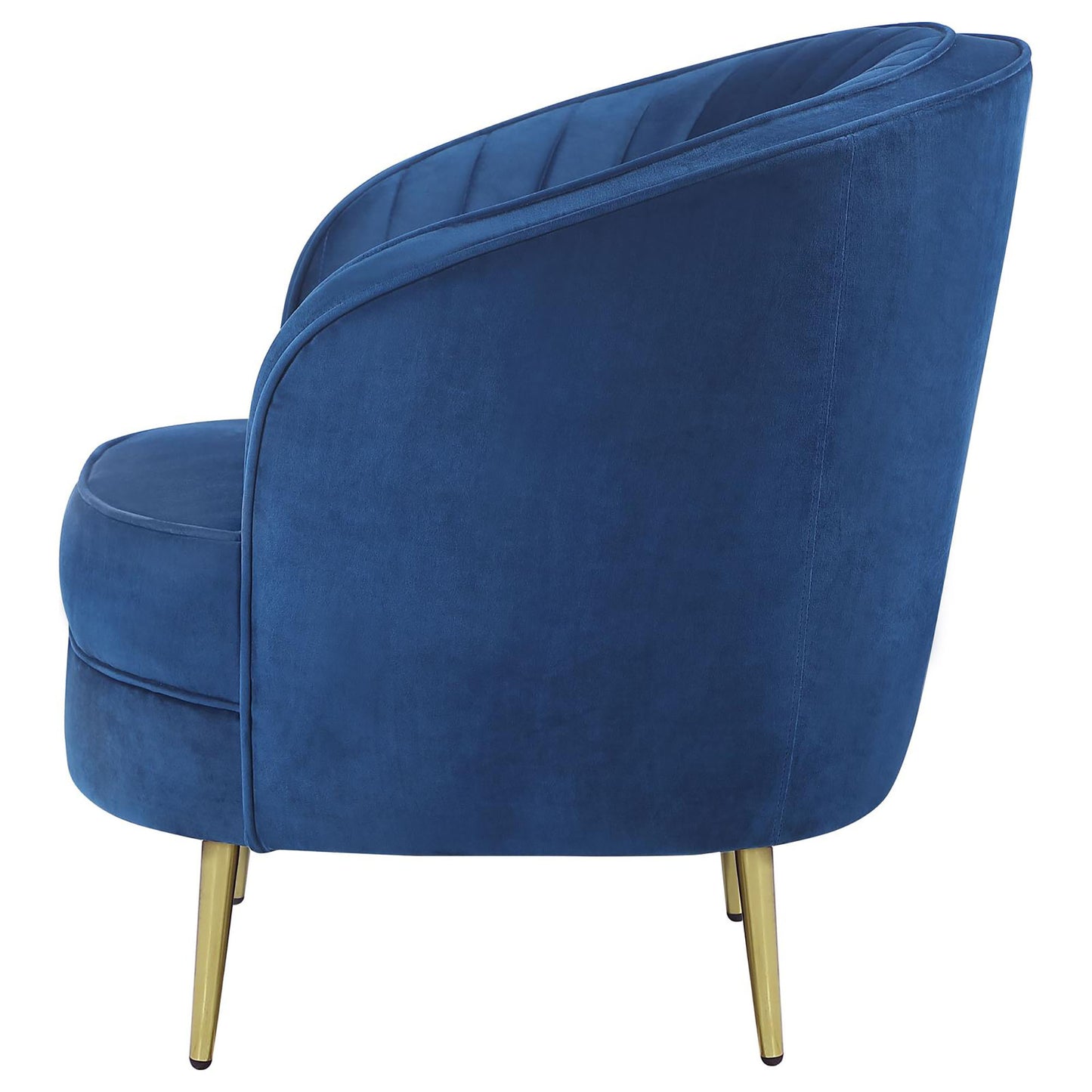 Deep blue velvet accent chair with channel tufting and gold legs for living room decor