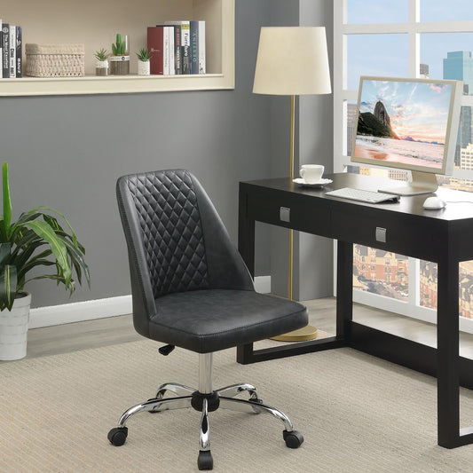 Diamondstitched black faux leather office chair with chrome base and wheels