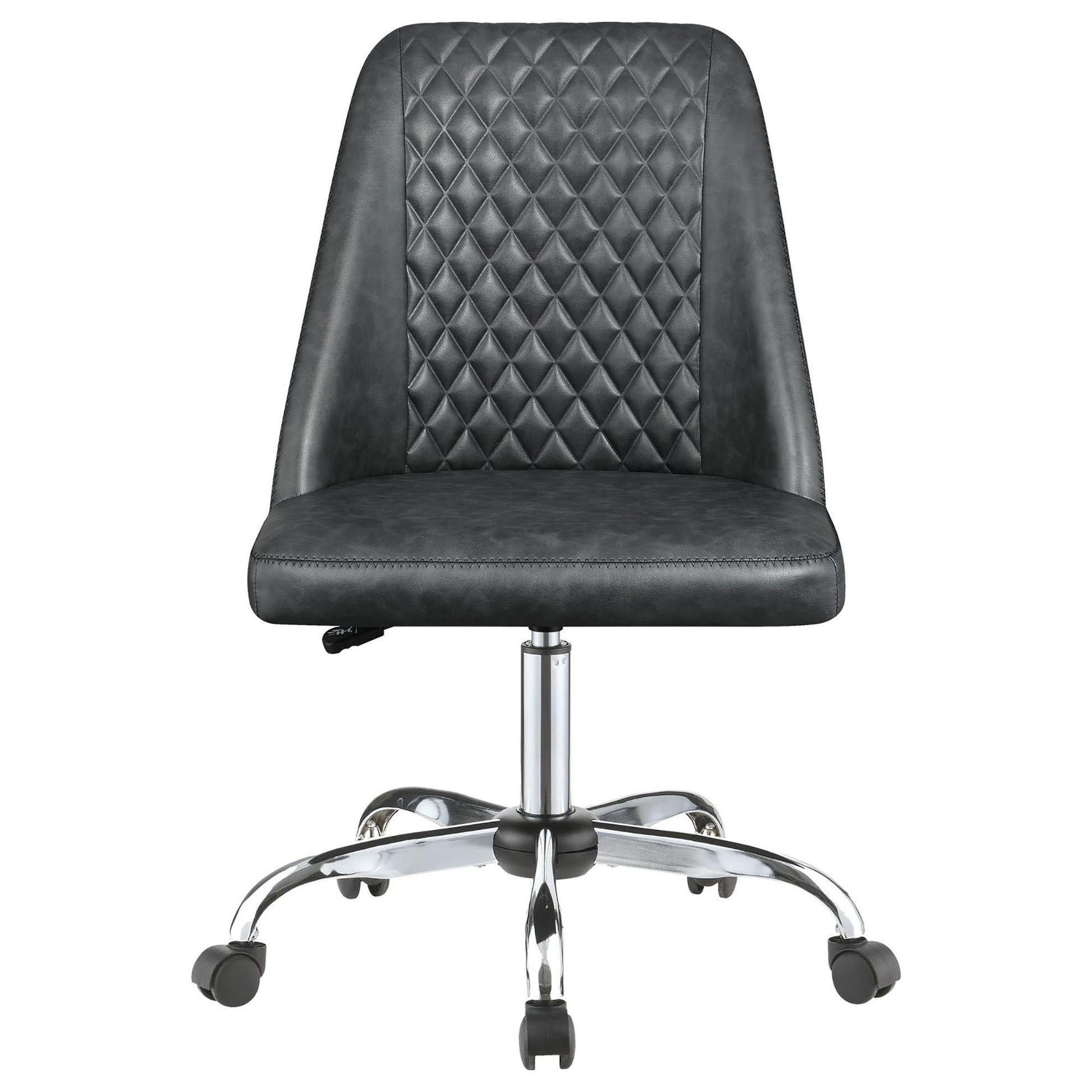 Gray tufted faux leather office chair with chrome base and wheels