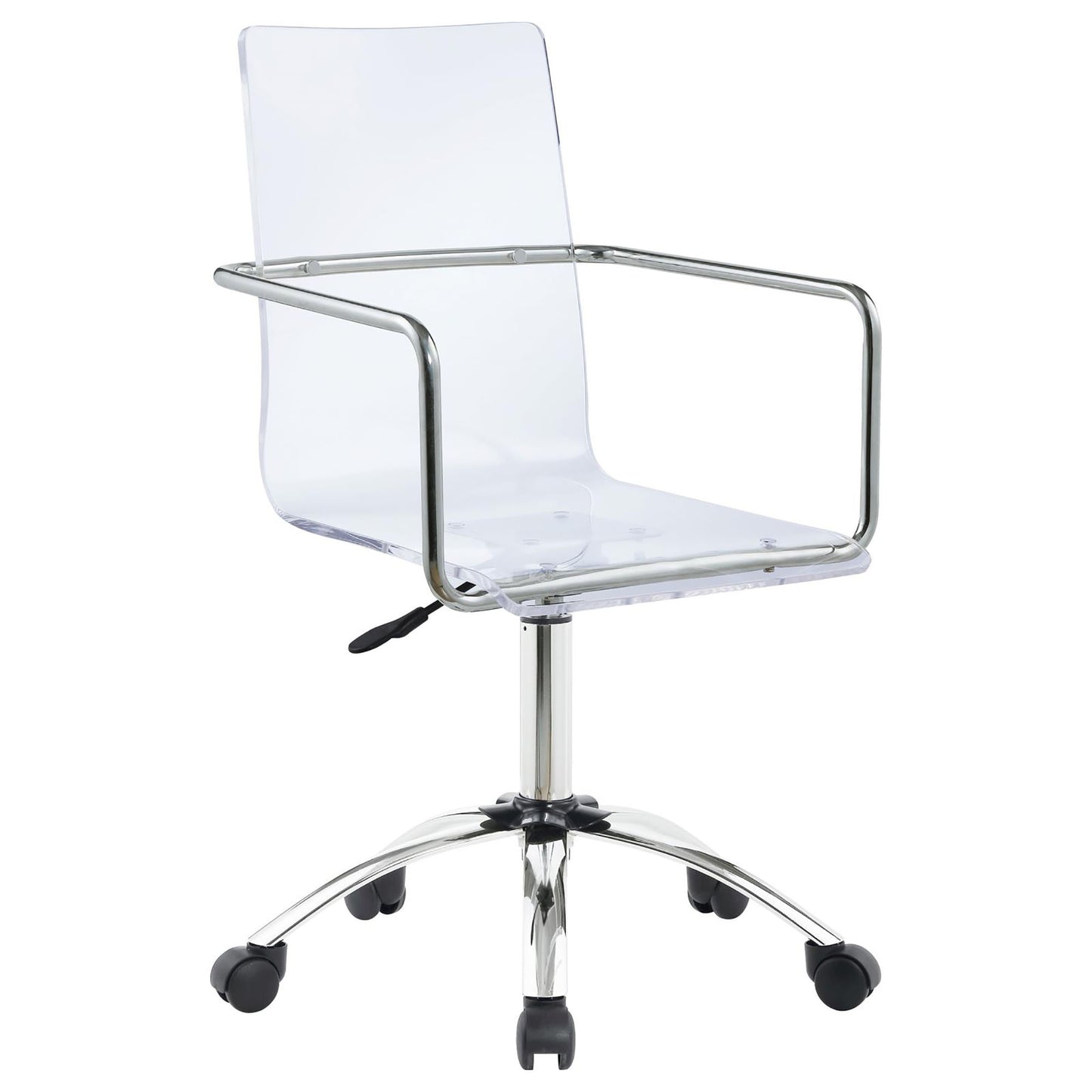 Transparent acrylic desk chair with chrome arms and wheels for modern office