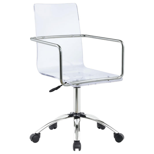 Transparent acrylic desk chair with chrome arms and wheels for modern office