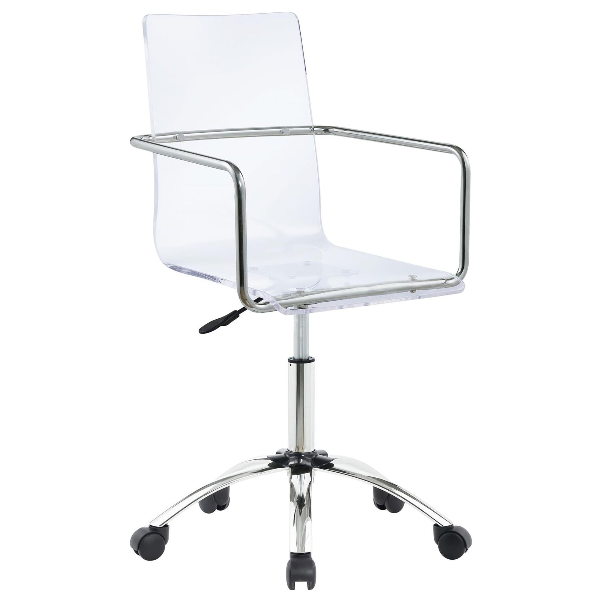 Clear acrylic office chair with chrome arms and rolling base