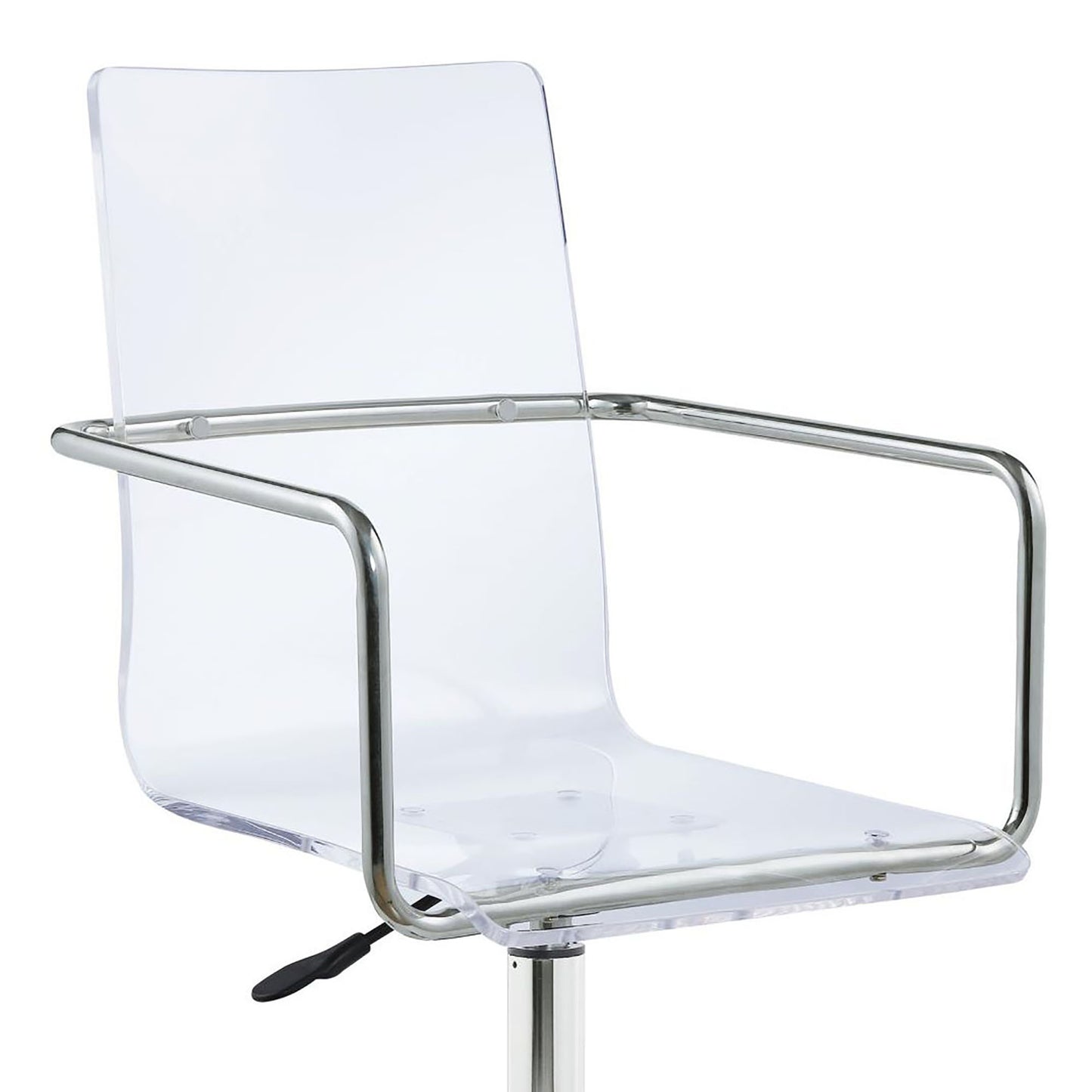 Clear acrylic chair with polished chrome arms perfect for modern dining rooms