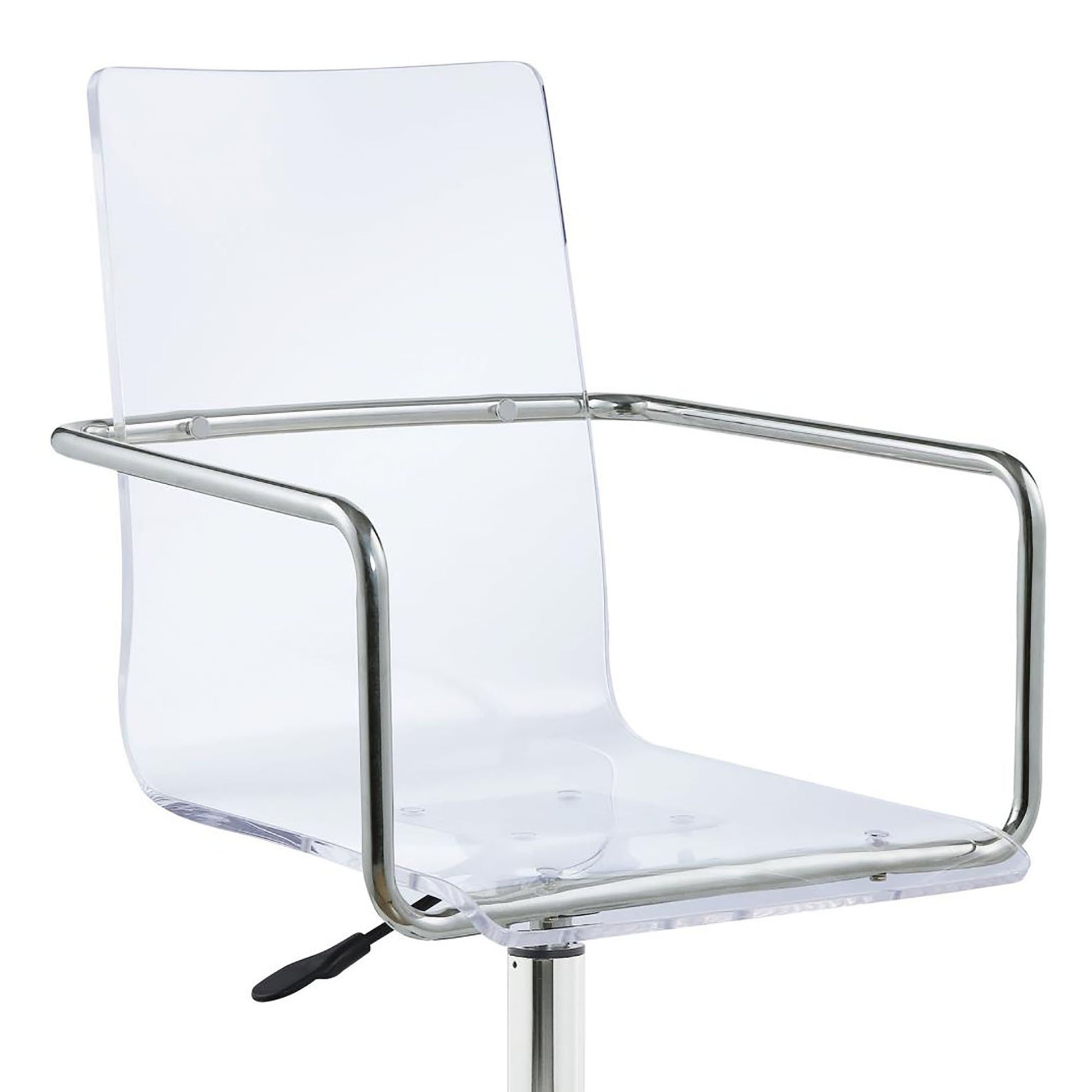 Clear acrylic chair with polished chrome arms perfect for modern dining rooms