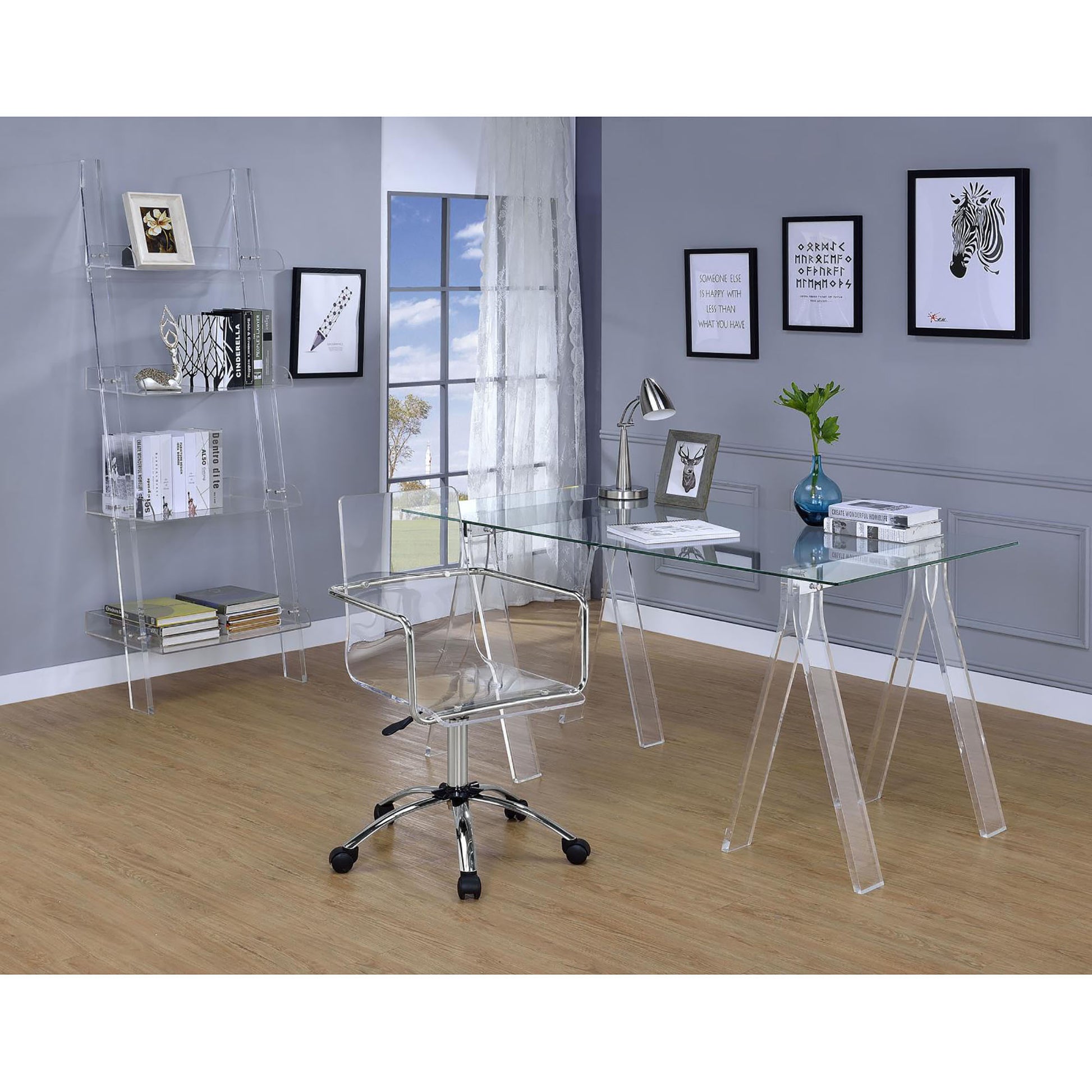 Transparent acrylic ladder bookshelf with decorative items and books