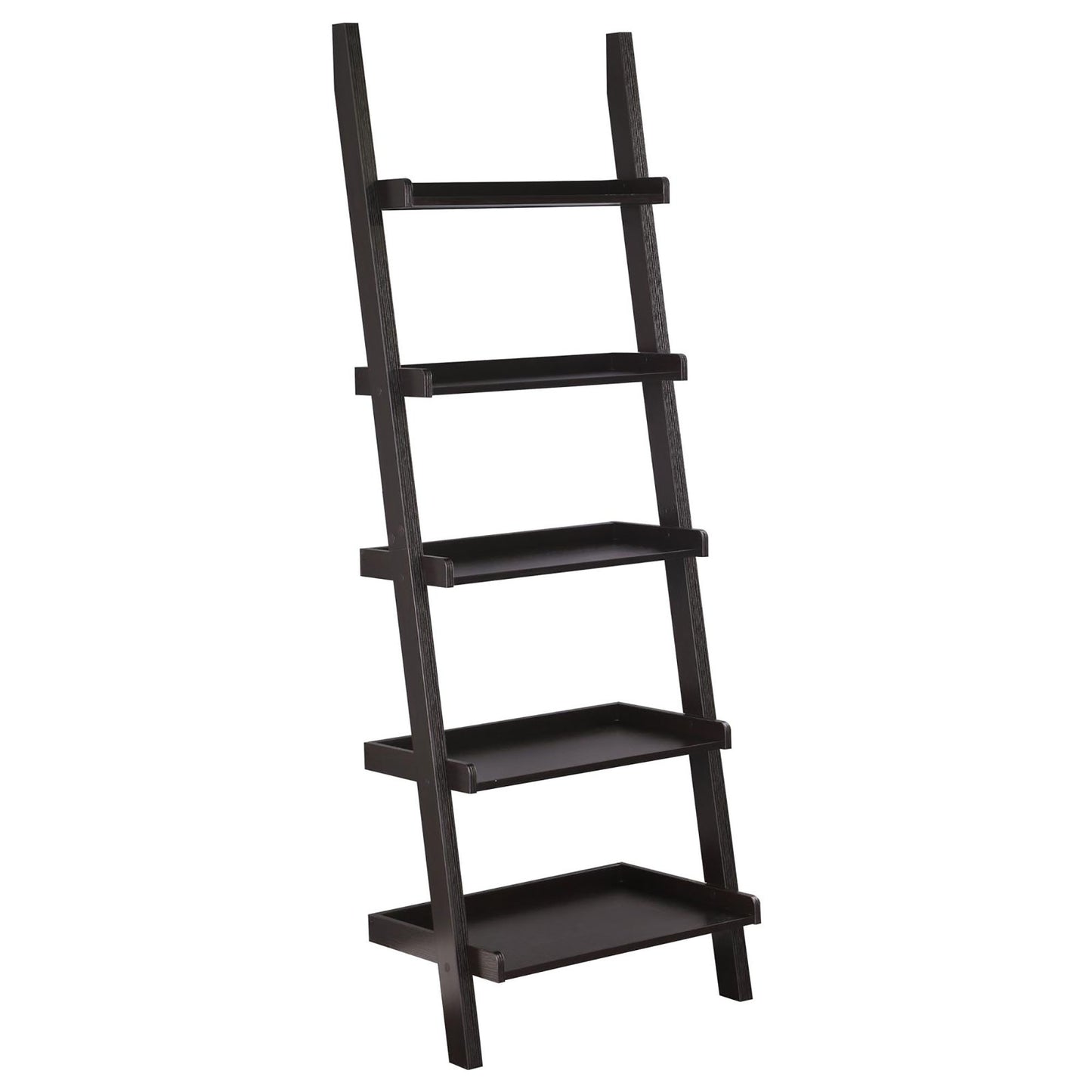 Dark espresso ladder bookshelf with five tiers of shelving