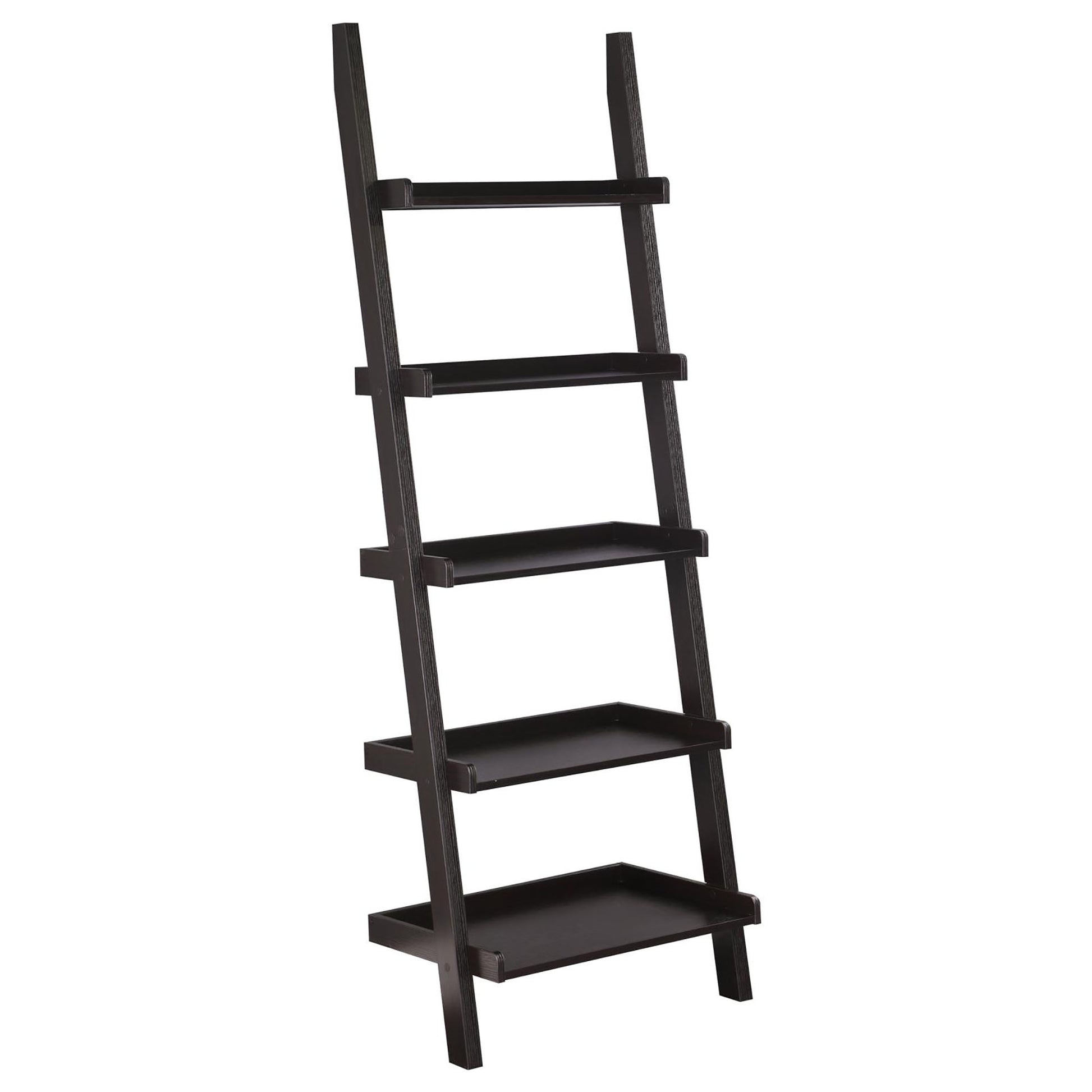 Dark espresso ladder bookshelf with five tiers of shelving