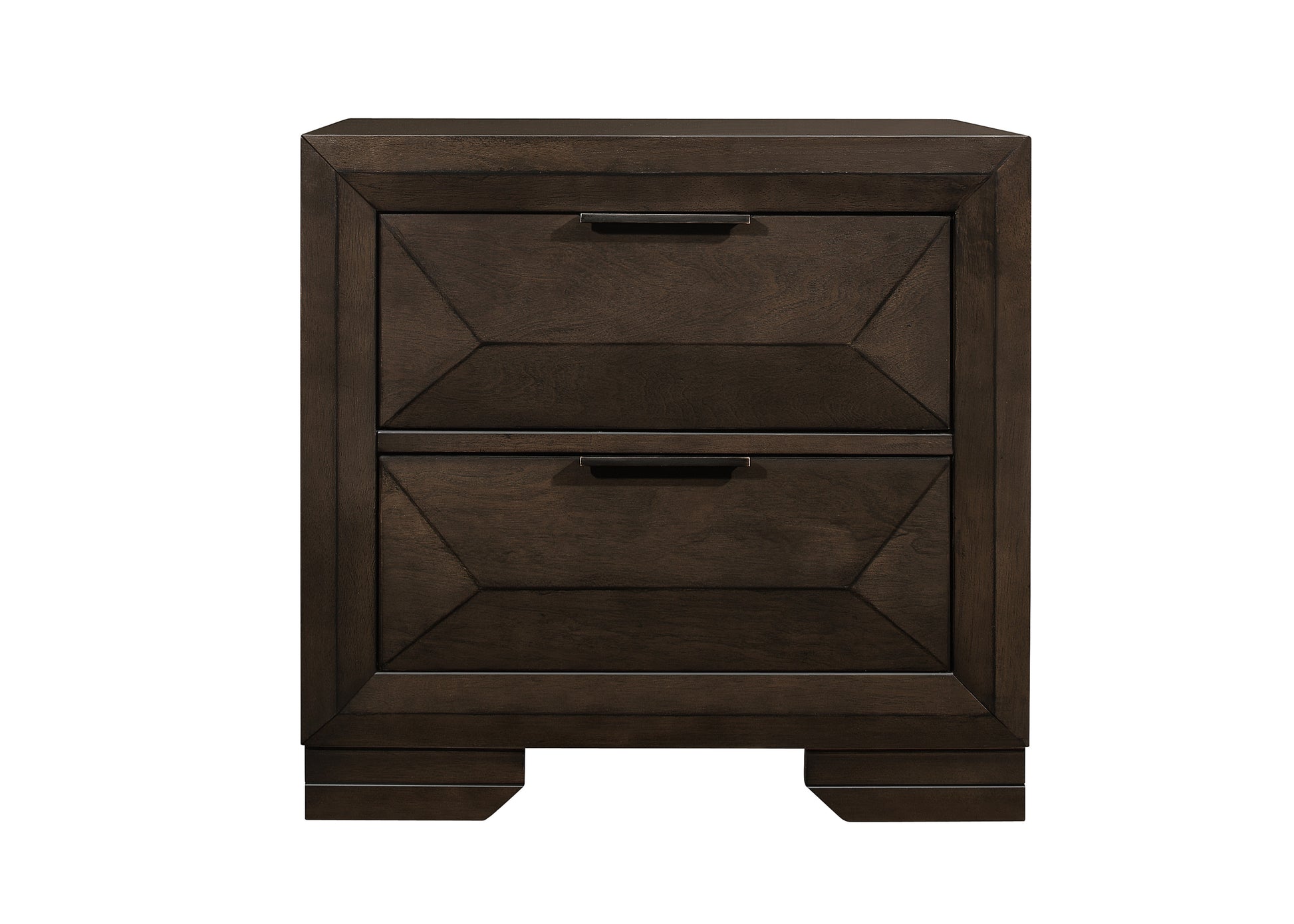 Dark wood bedside table with two drawers and geometric drawer fronts