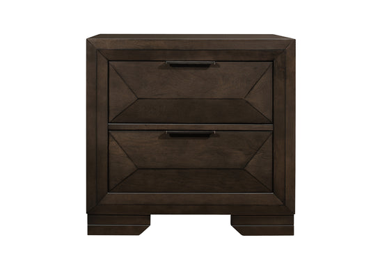 Dark wood bedside table with two drawers and geometric drawer fronts