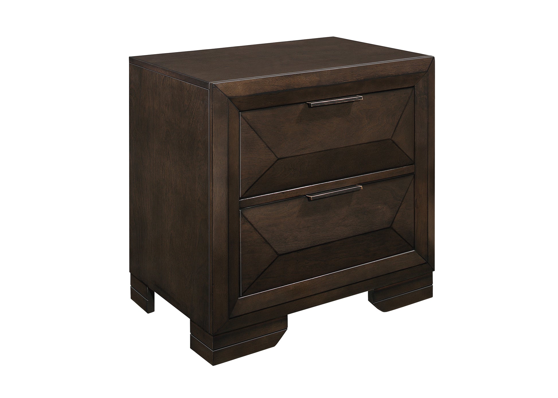 Dark wood modern nightstand with geometric drawer fronts and brushed nickel pulls