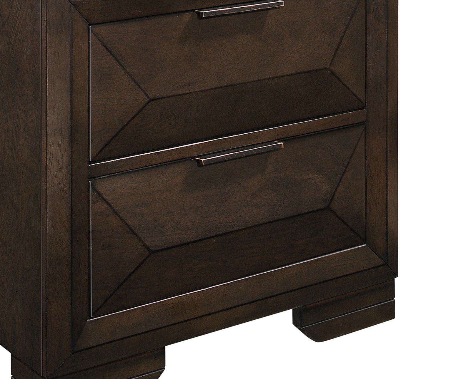 Dark brown wood nightstand with geometric drawer fronts and bronze handles