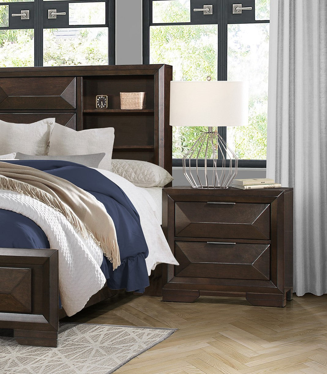 Dark brown wooden nightstand with two drawers and geometric drawer fronts