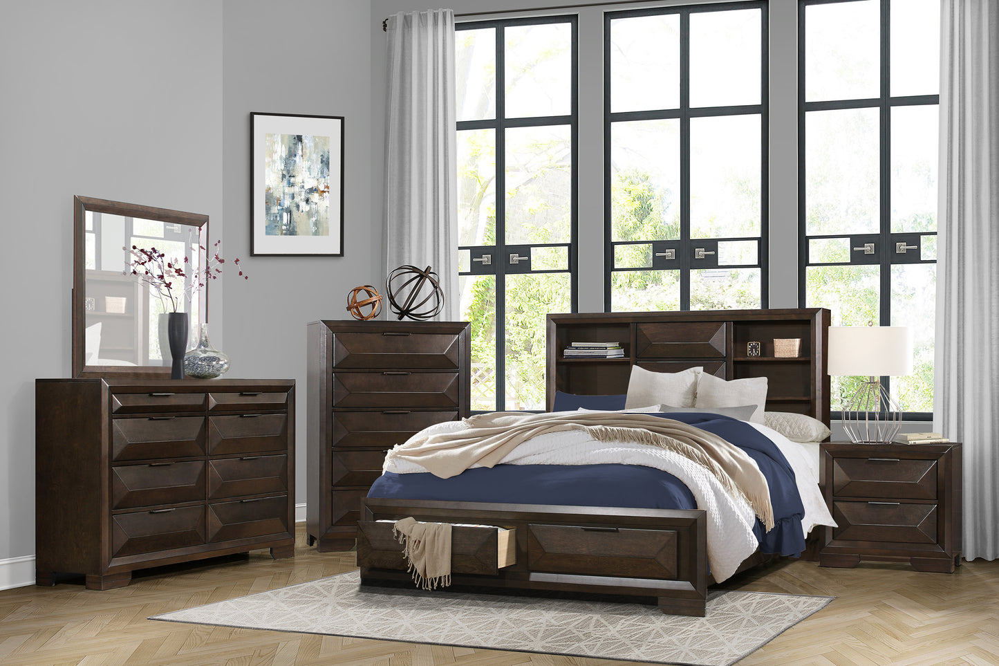Dark oak bedroom set with paneled drawers and a tufted headboard