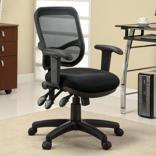 Black mesh back ergonomic office chair with adjustable armrests and lumbar support