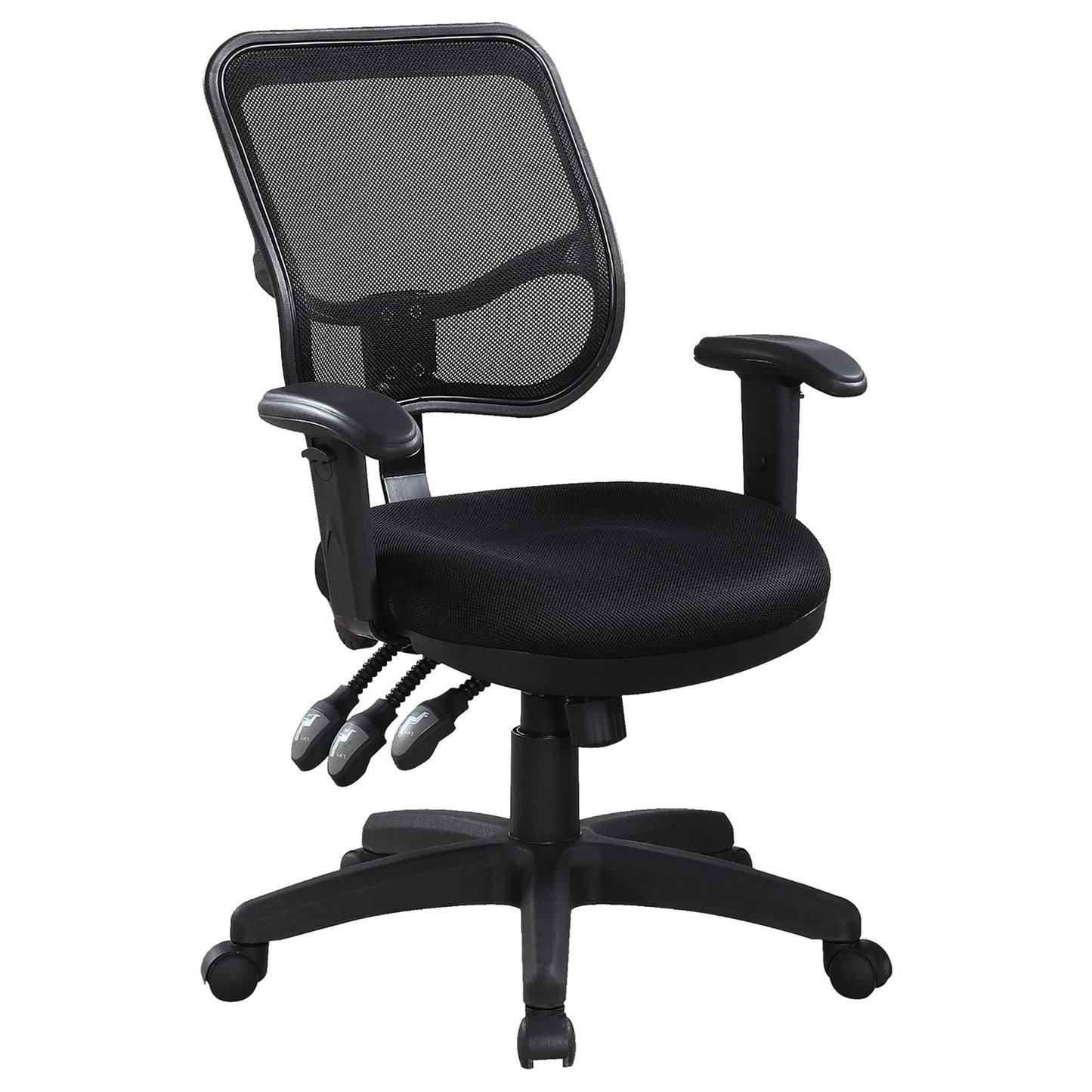 Black mesh back ergonomic office chair with adjustable armrests and lumbar support