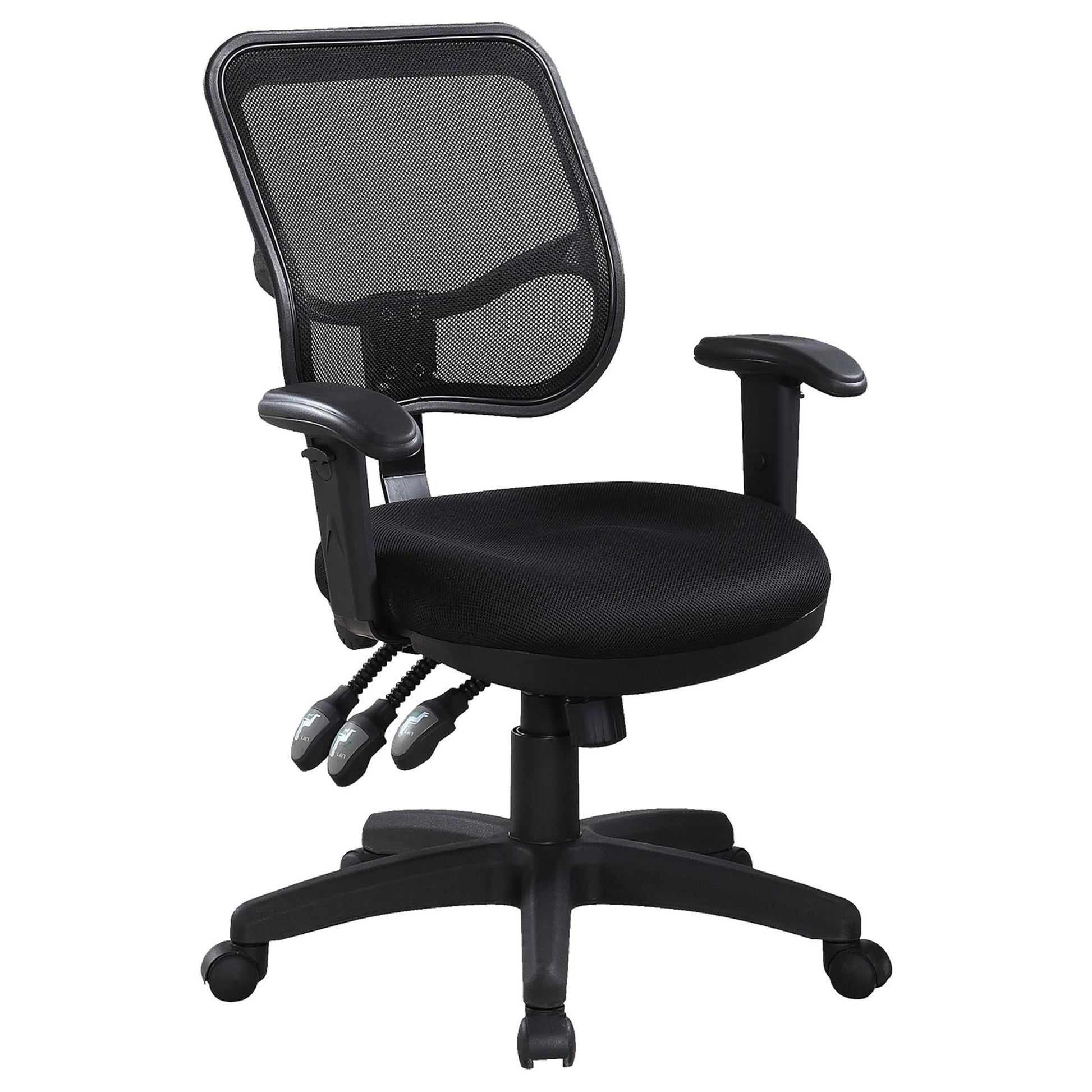 Black mesh back ergonomic office chair with adjustable armrests and lumbar support