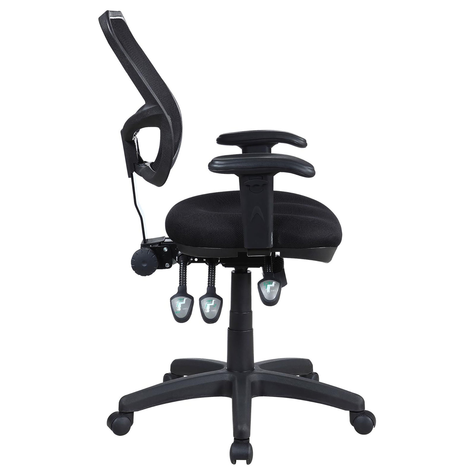 Black mesh ergonomic office chair with adjustable lumbar support and armrests