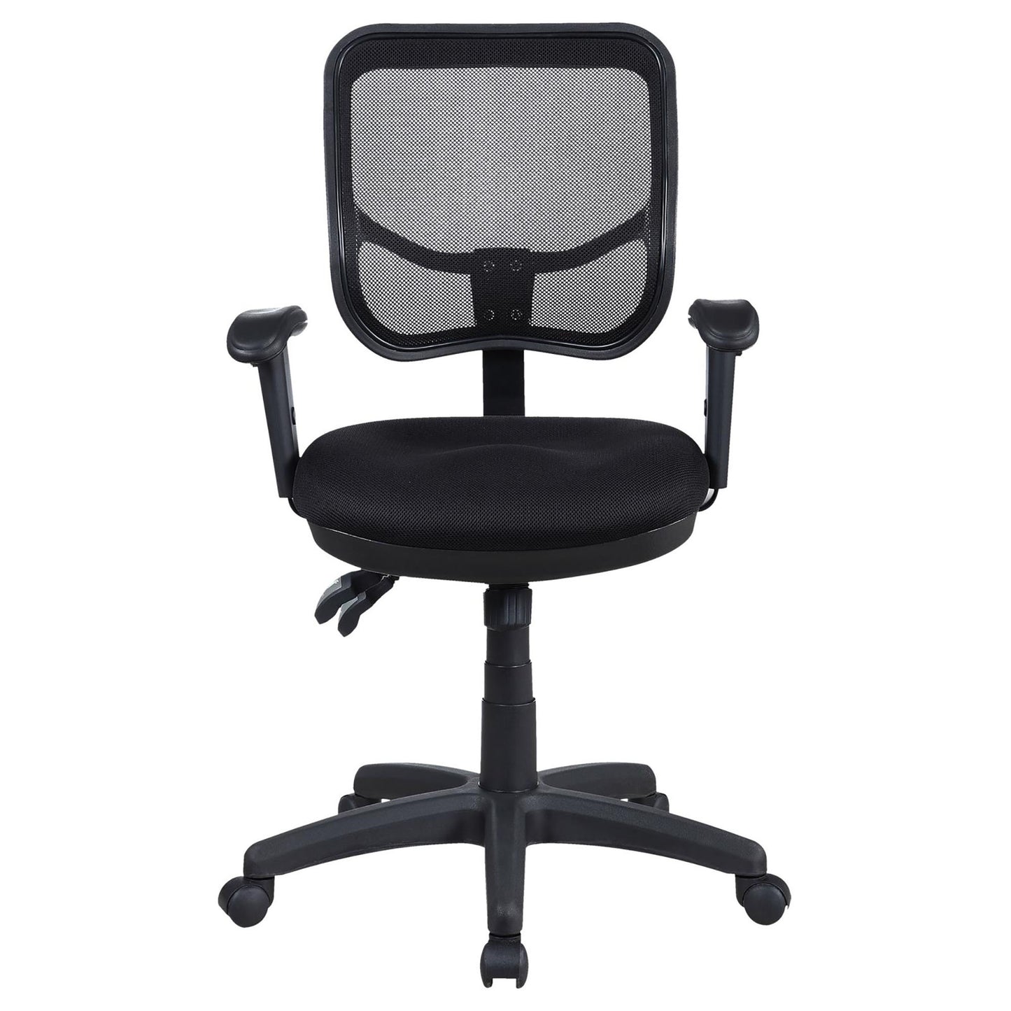 Black mesh back ergonomic office chair with adjustable armrests and padded seat