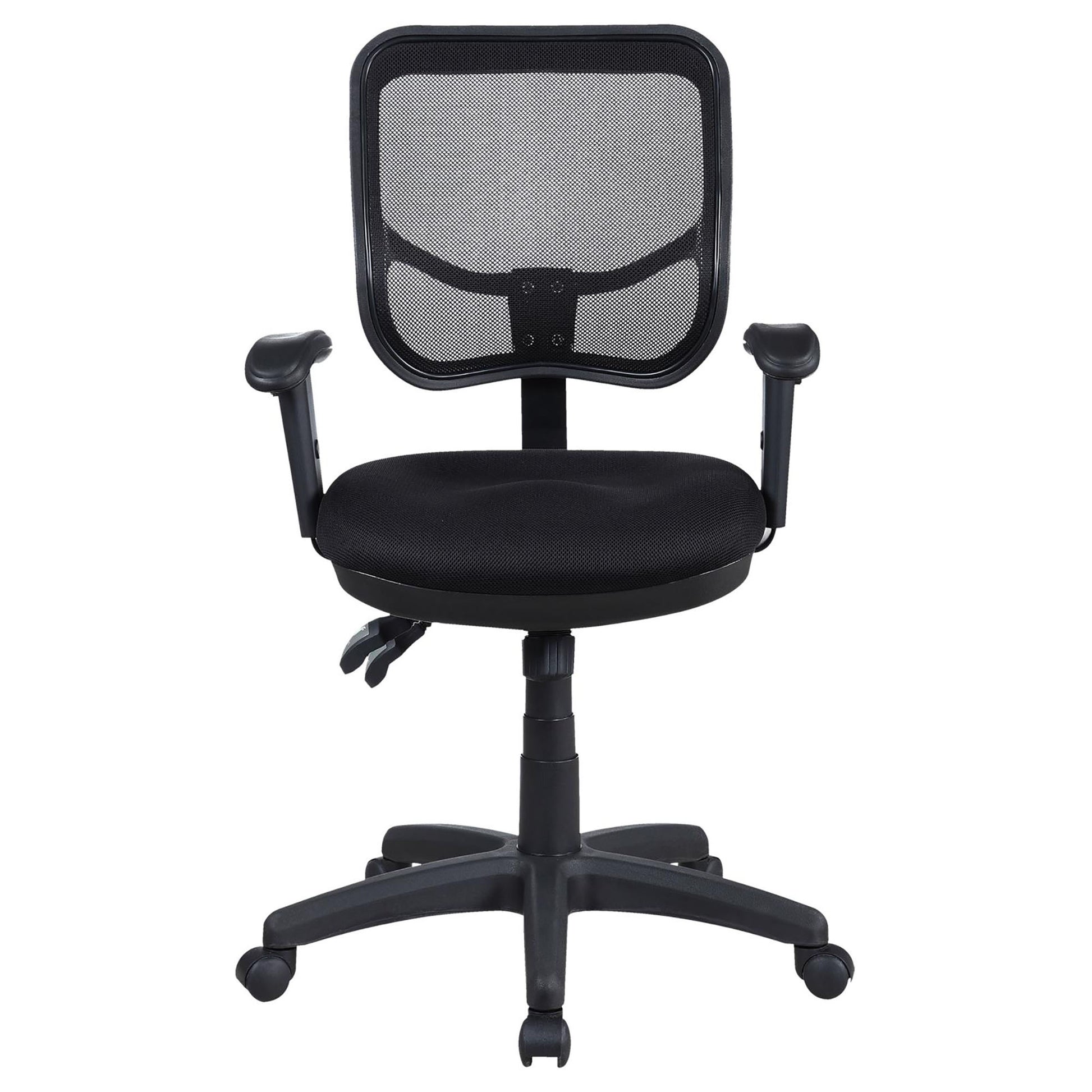 Black mesh back ergonomic office chair with adjustable armrests and padded seat