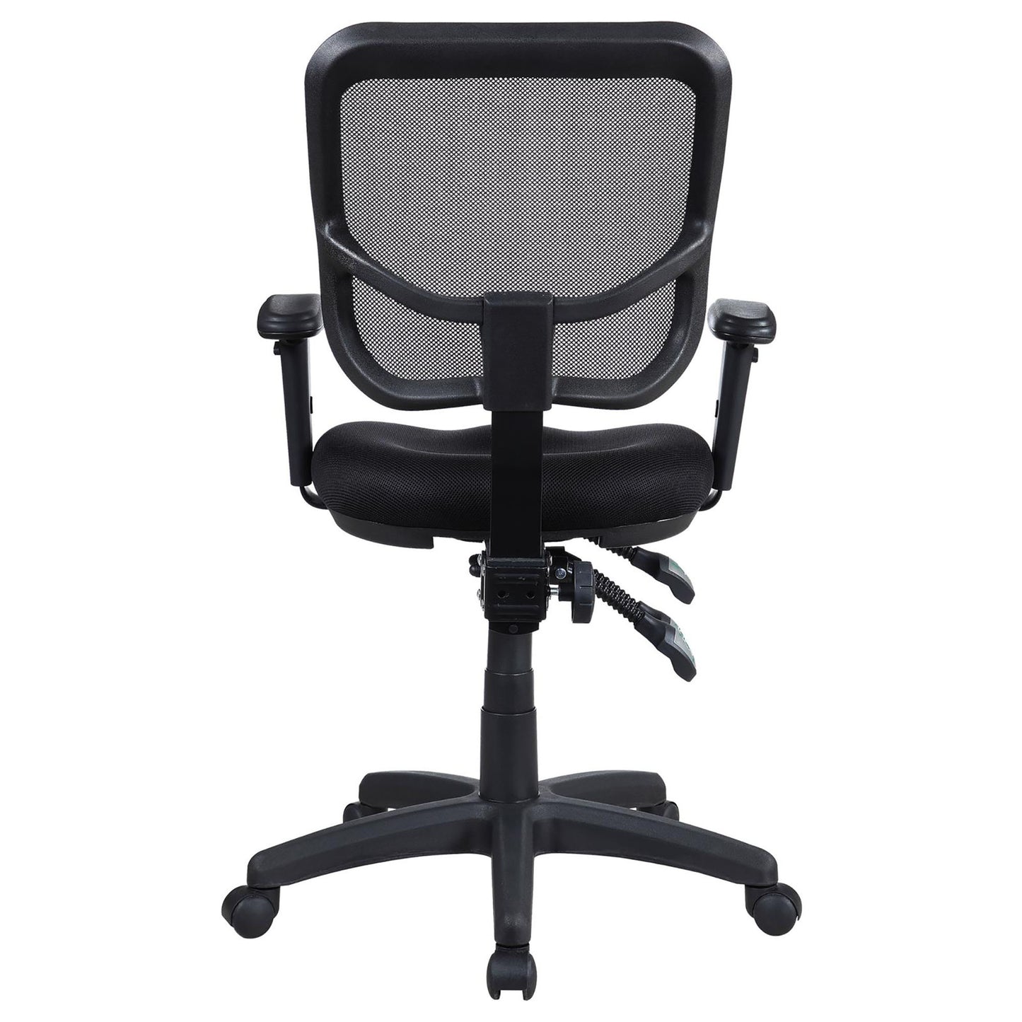 Back view of a black mesh ergonomic office chair with padded seat and adjustable armrests
