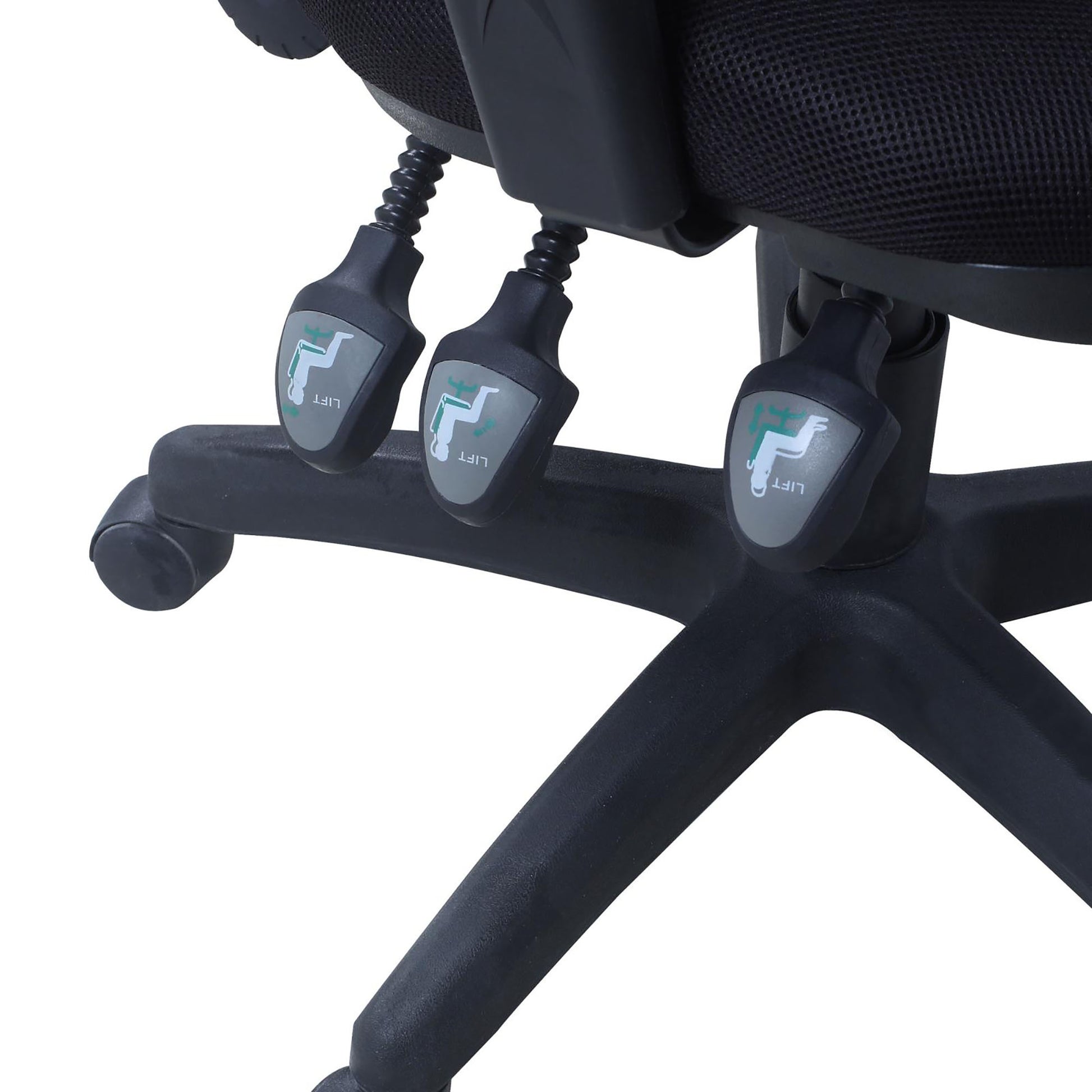 Black ergonomic office chair with three lift levers and star base