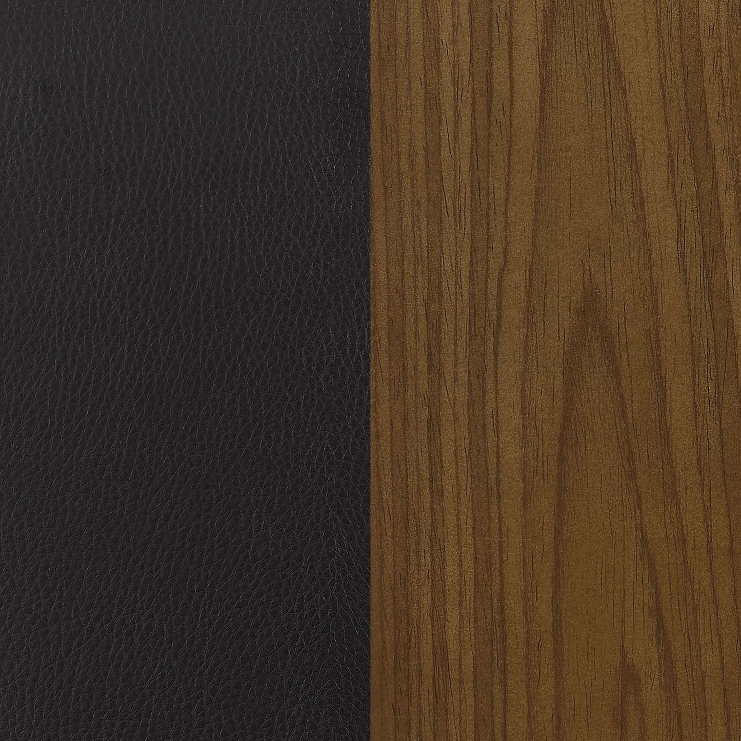 Textured black leather paired with warm grainy oak wood veneer for furniture