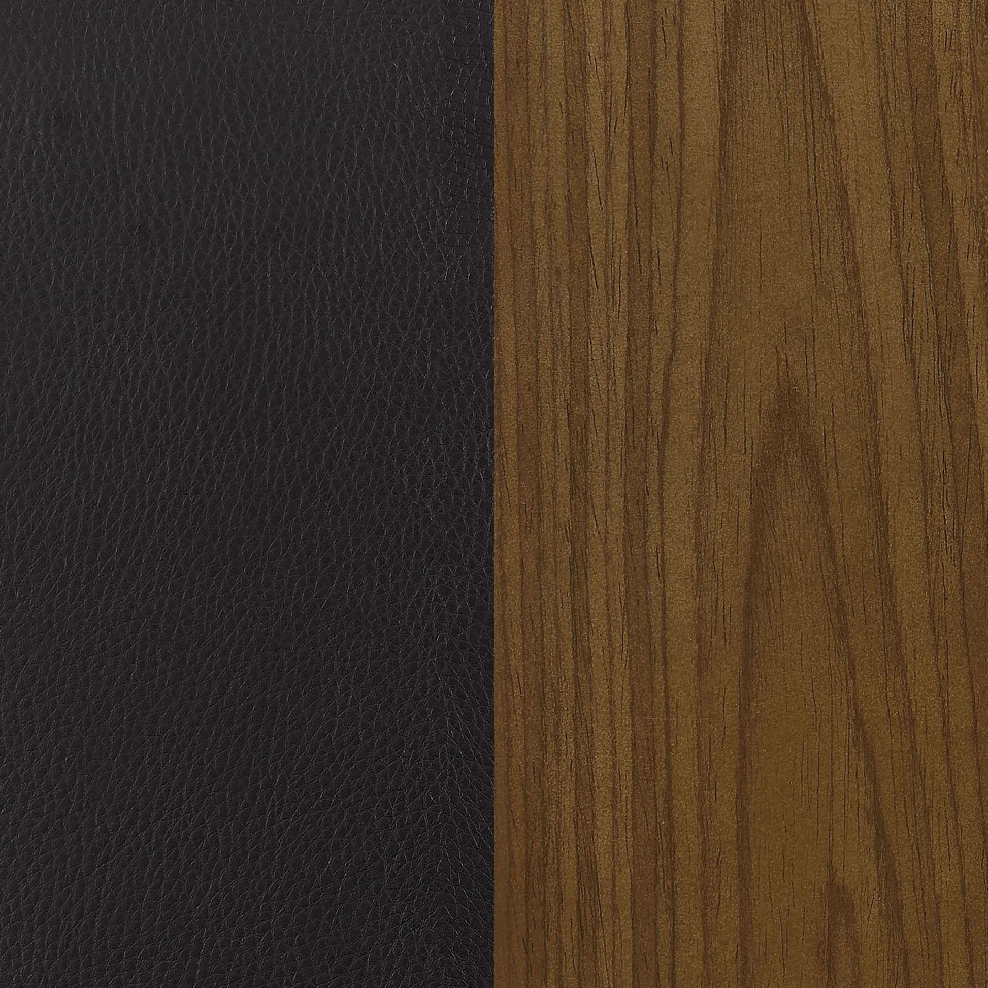 Textured black leather paired with warm grainy oak wood veneer for furniture