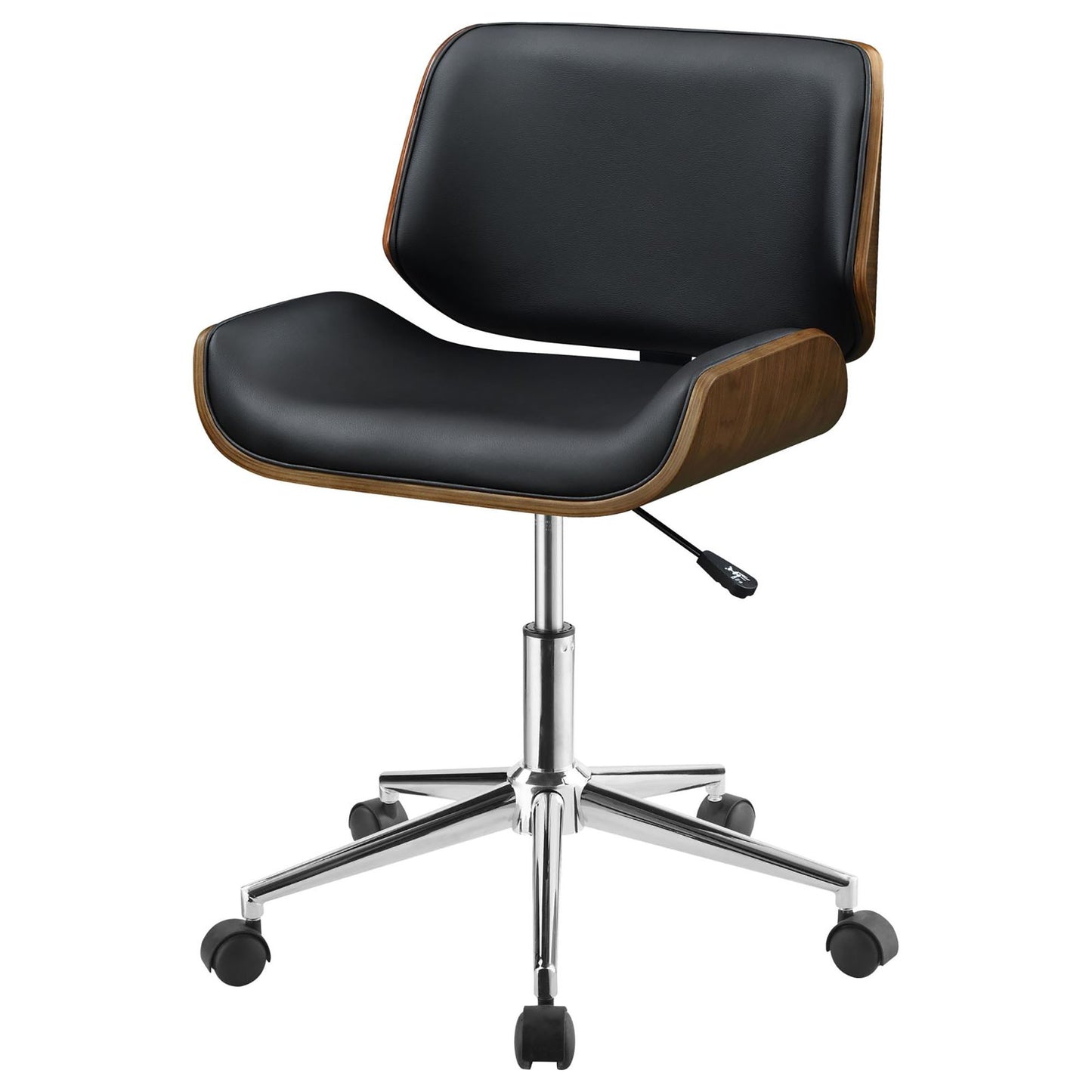 Black leather ergonomic office chair with molded walnut veneer accents and a chrome base