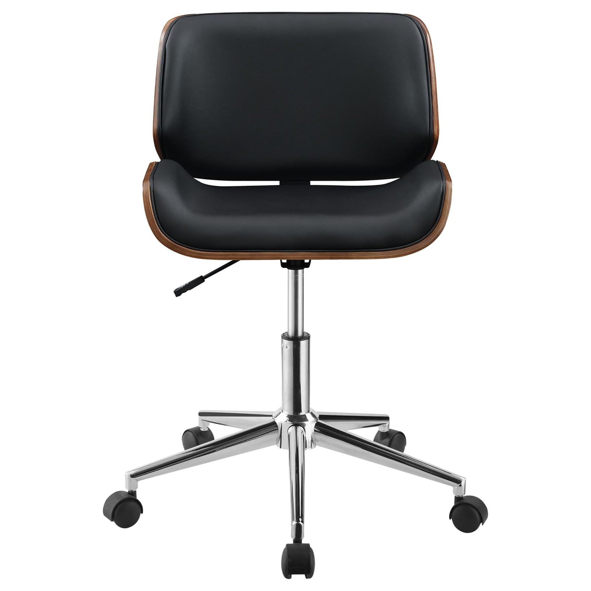 Black leather and walnut veneer office chair with chrome base and casters