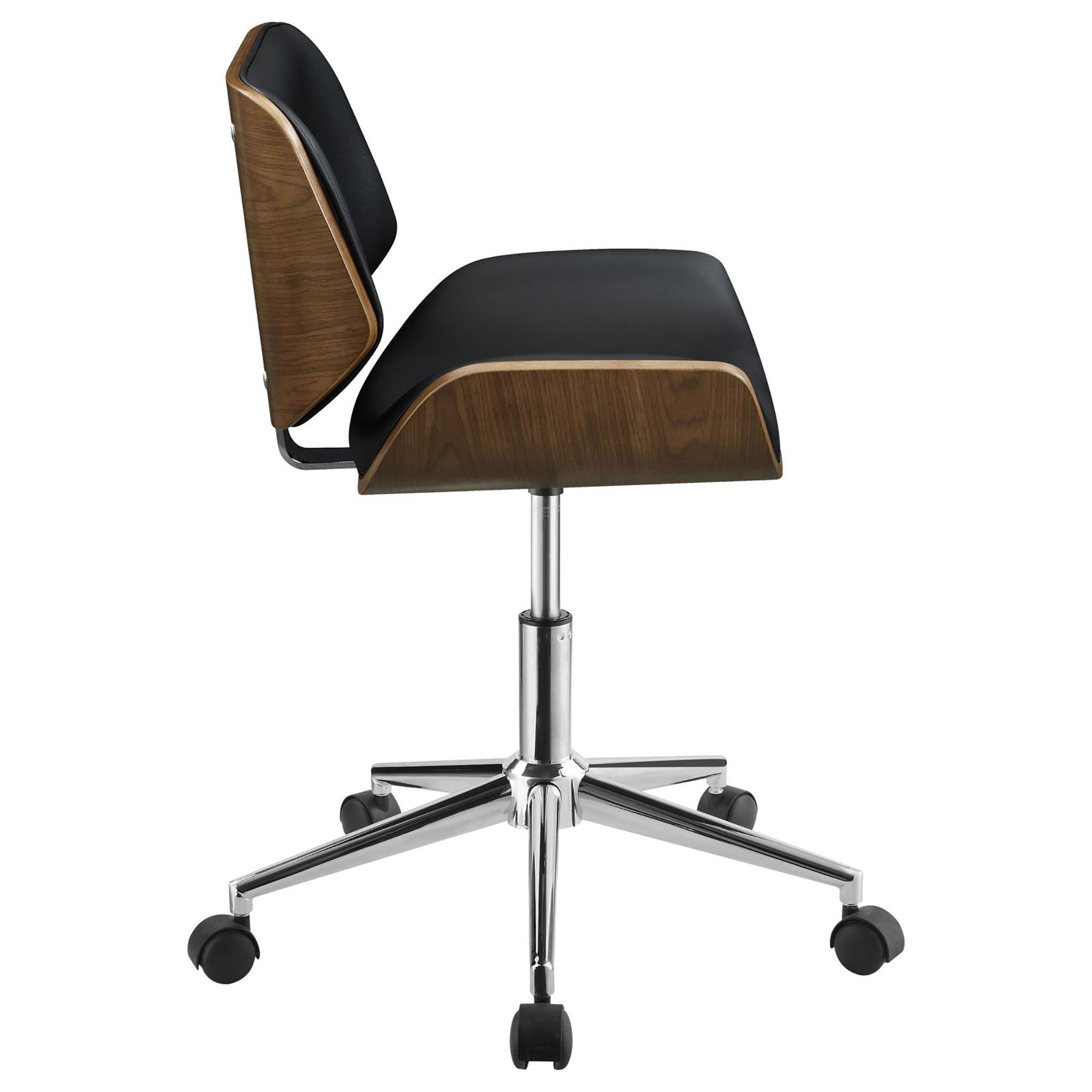 Black leather office chair with molded wood shell and chrome base