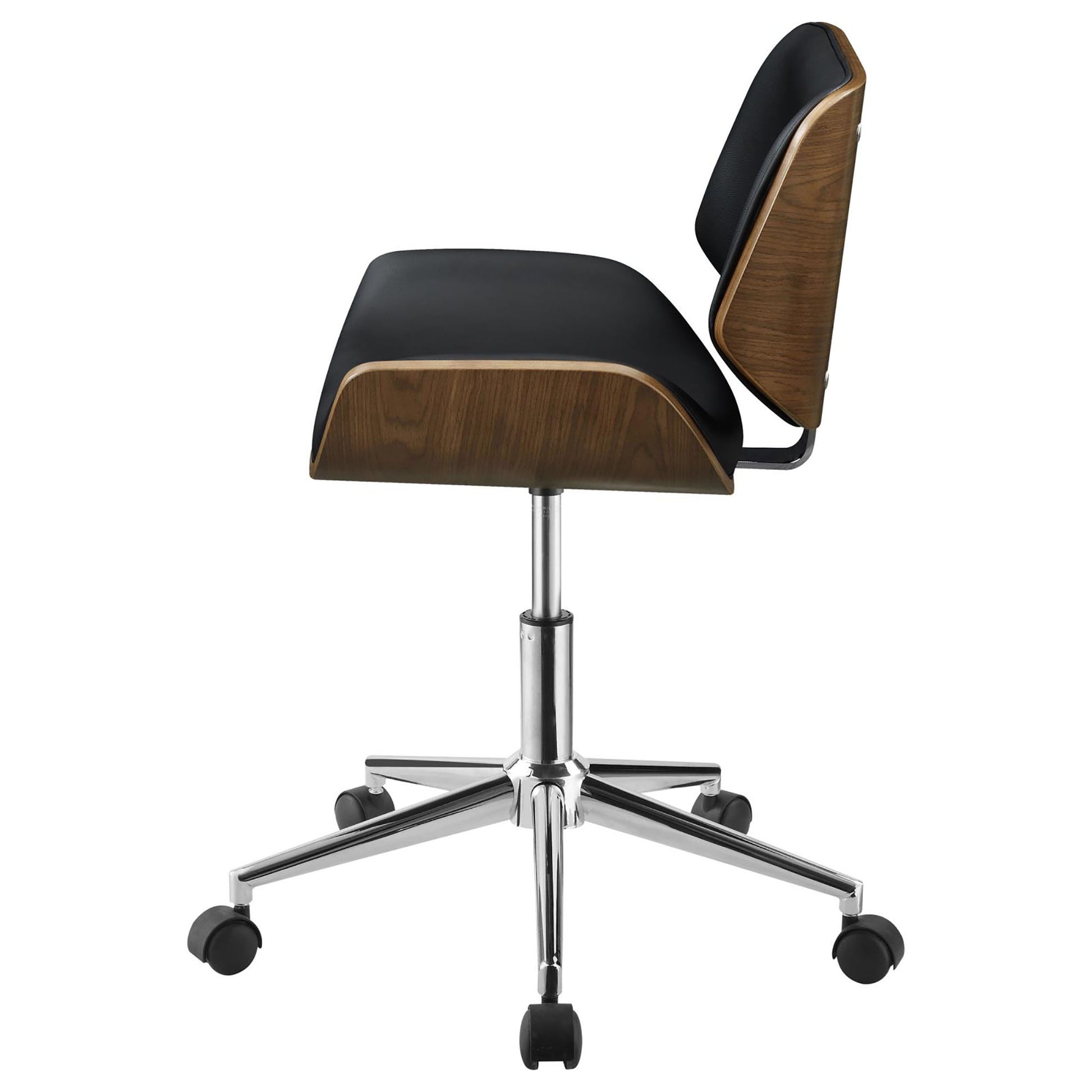 Black leather office chair with curved walnut wood accents and chrome base
