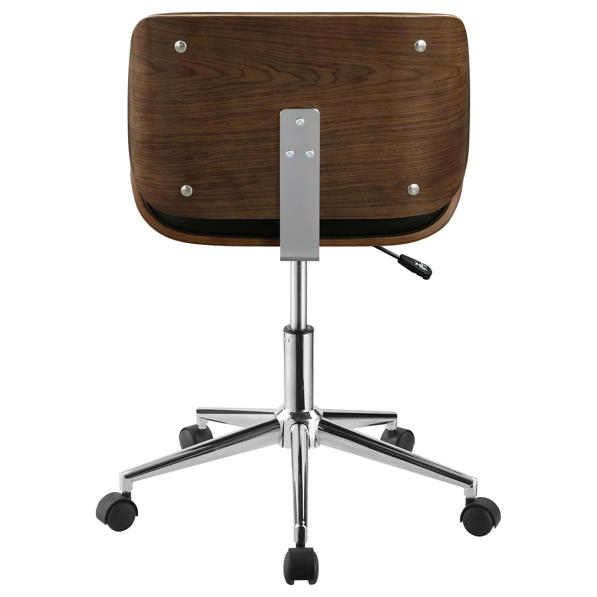 Ergonomic office chair with curved walnut veneer back and chrome base