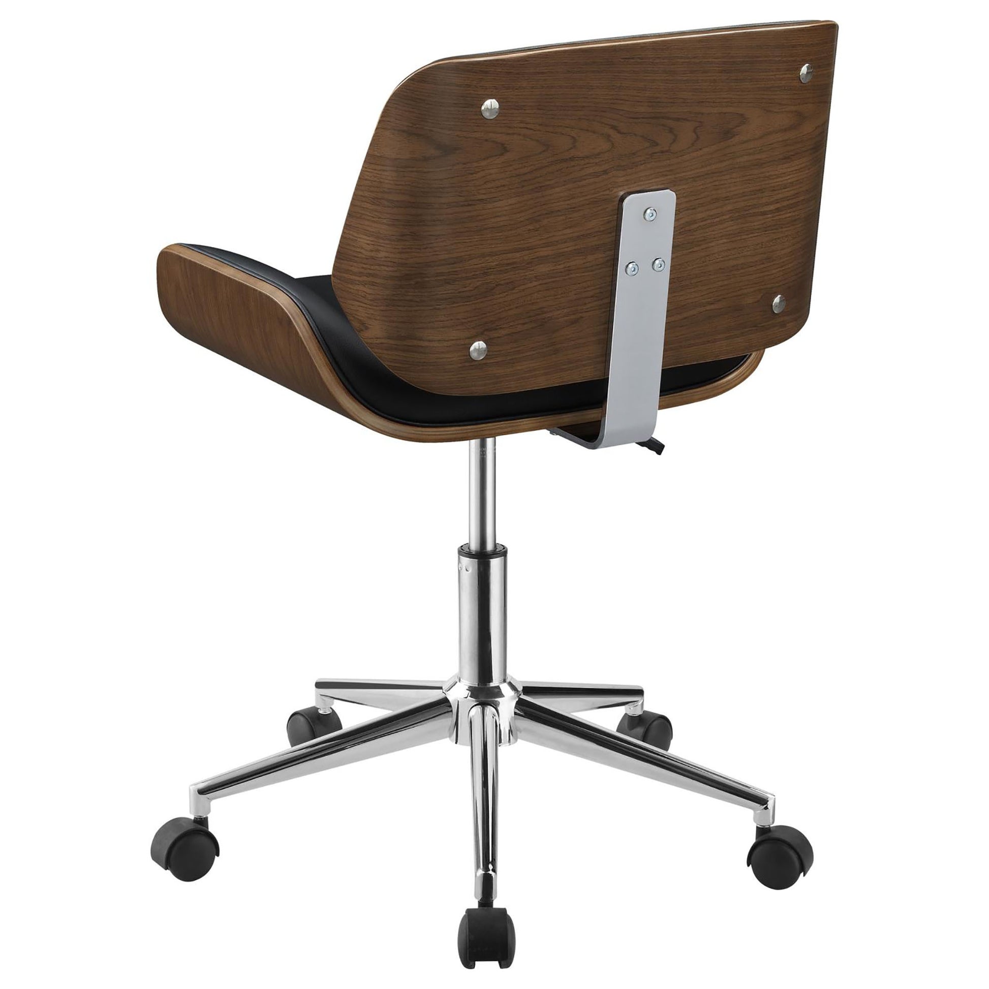 Curved walnut veneer office chair with black leather seat chrome base and wheels