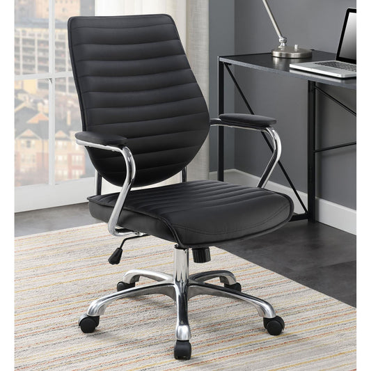 Black executive chair with padded seat and back chrome accents