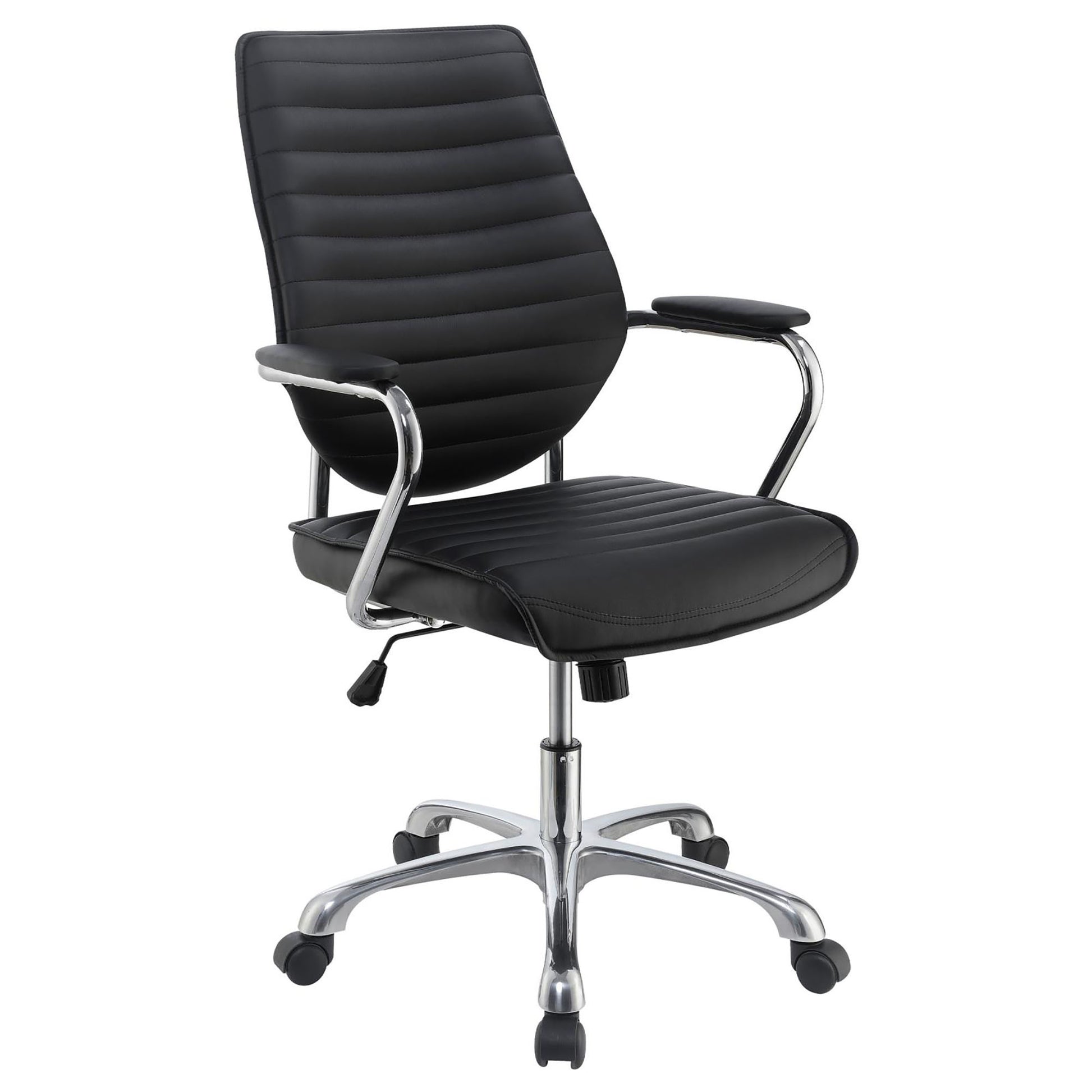 Sleek black executive office chair with horizontal stitching and chrome accents ideal for a modern workspace