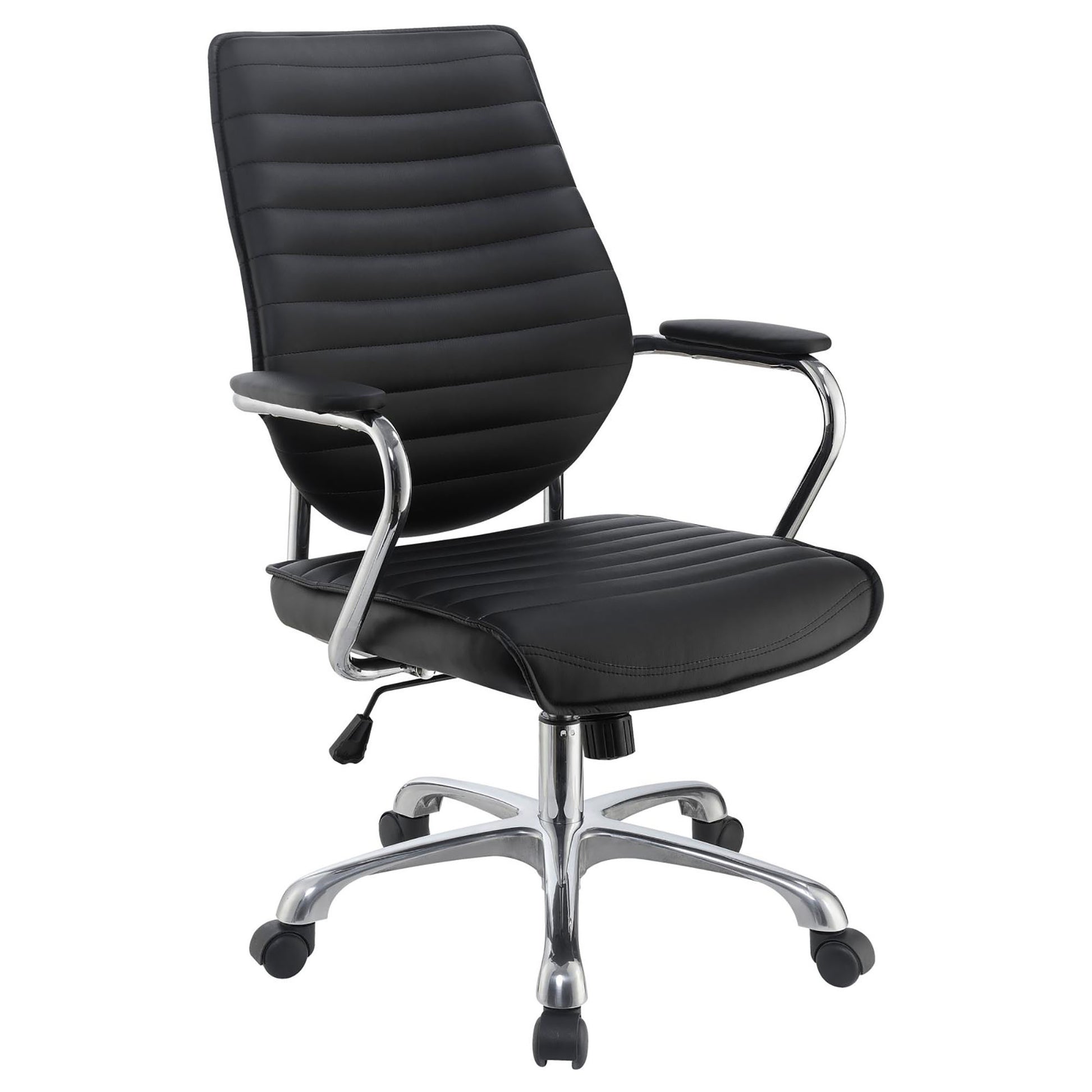Black executive office chair with ribbed faux leather seat and back