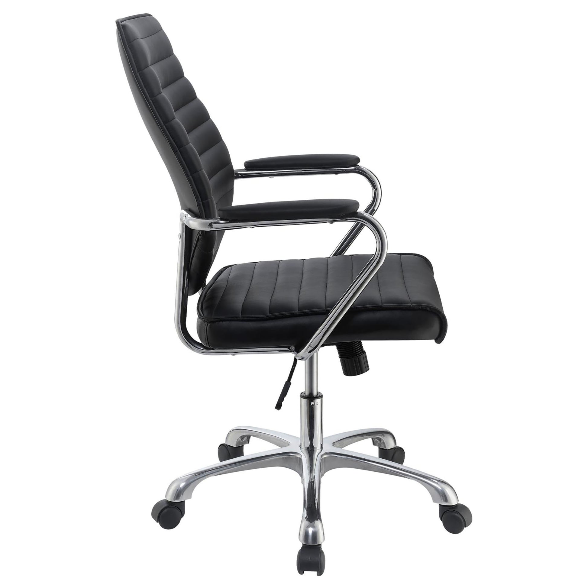 Black executive office chair with padded seat ribbed back and chrome arms