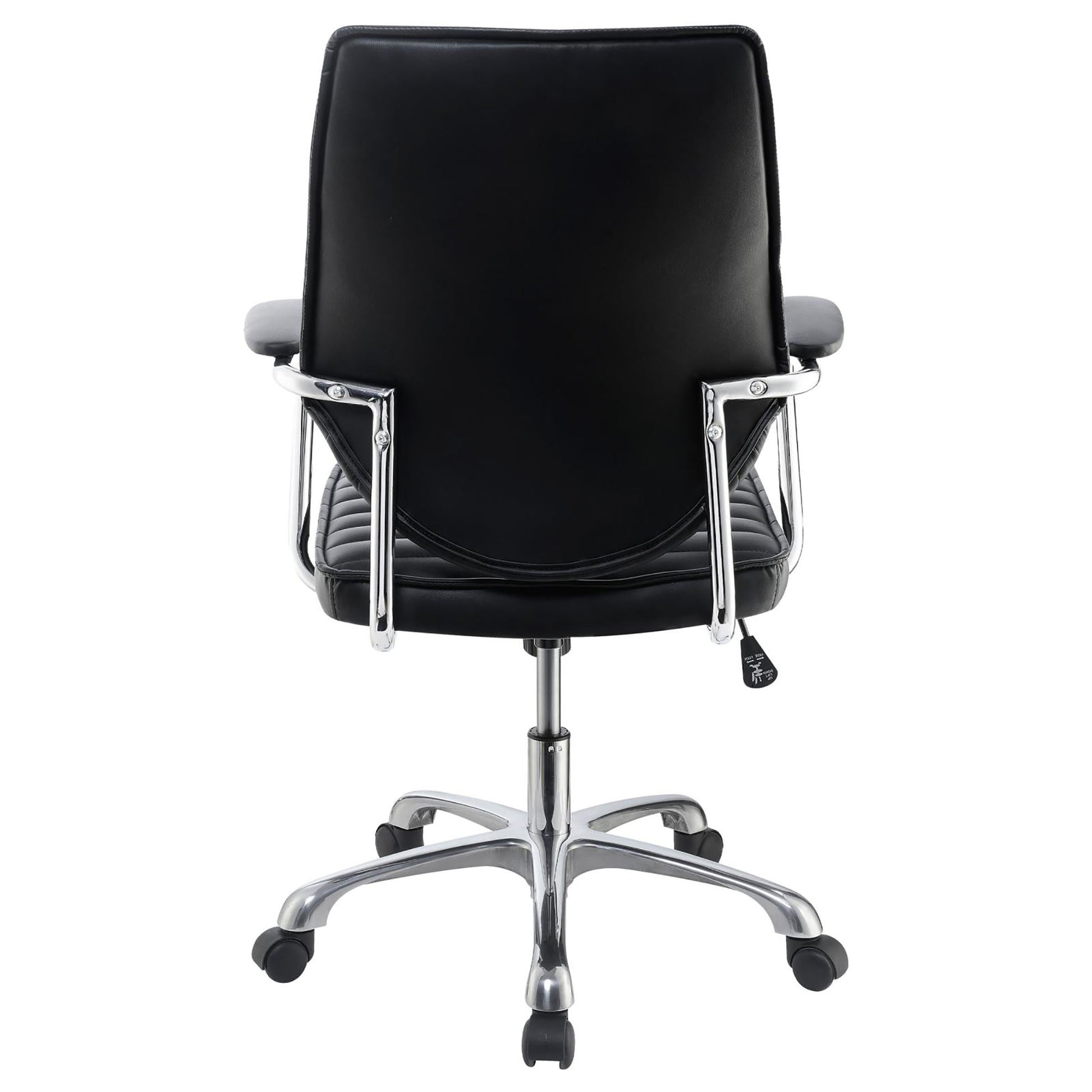 Black executive office chair with tufted seat and chrome accents