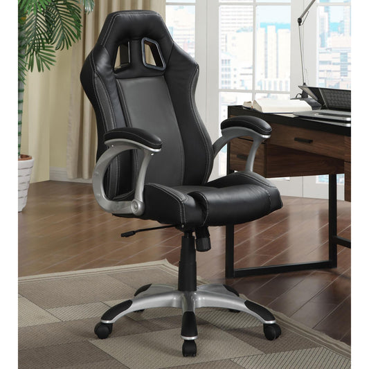 Black leather racing gaming chair with white stitching and silver accents ideal for home office