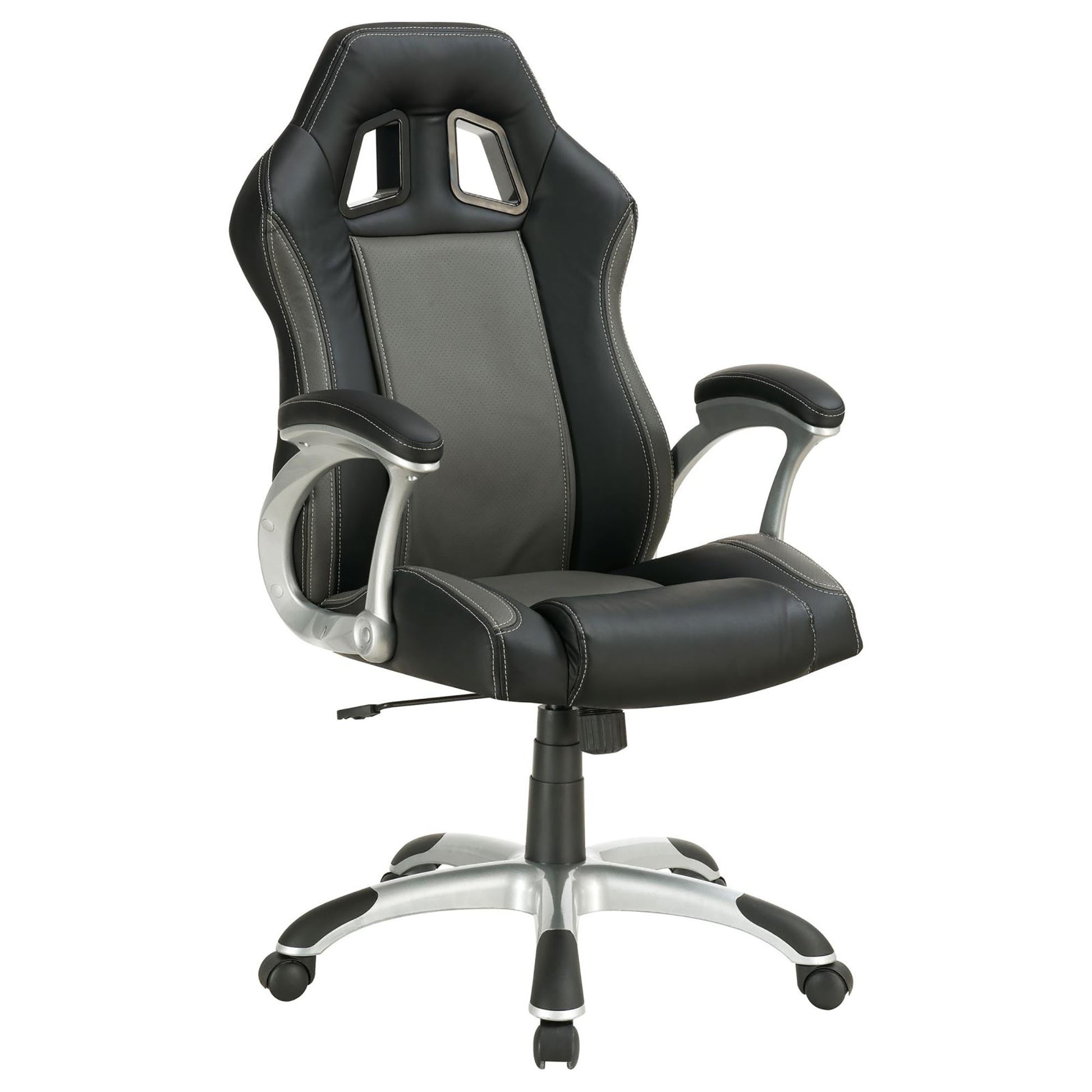 Black and grey racing style executive chair with silver accents