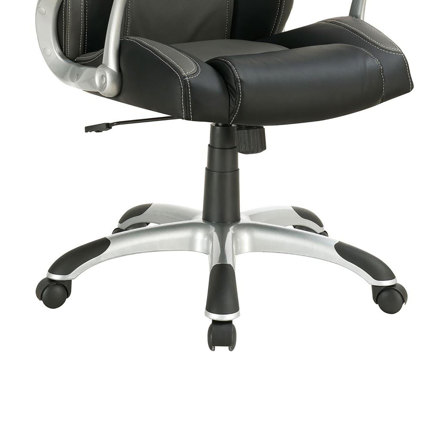 Black faux leather ergonomic office chair with silver accents and white stitching
